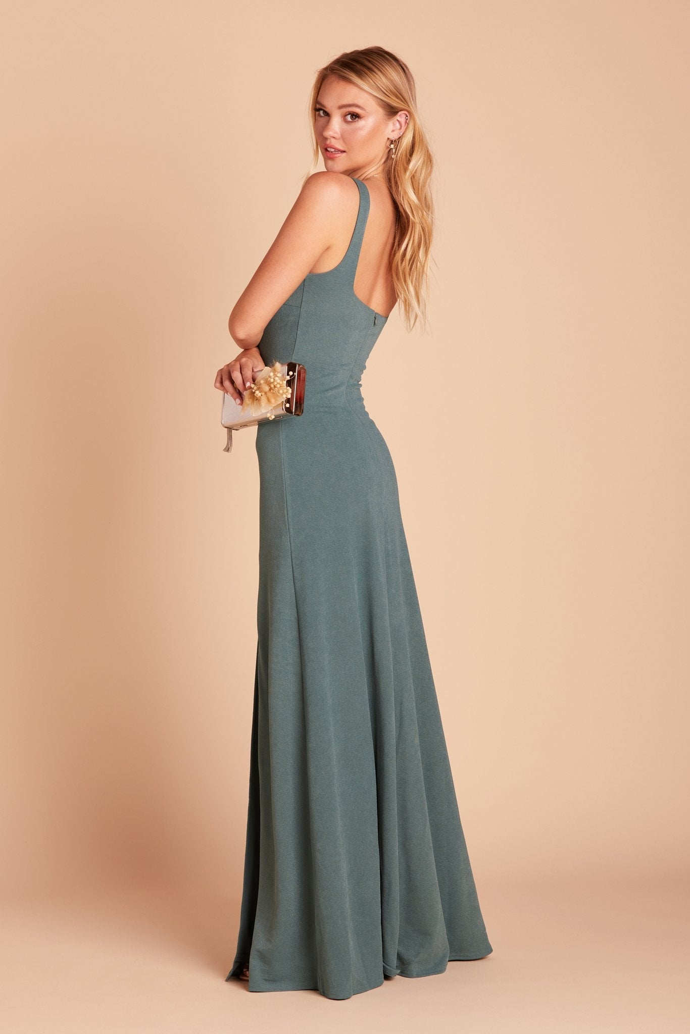 Alex convertible bridesmaid dress with slit in sea glass green crepe by Birdy Grey, side view