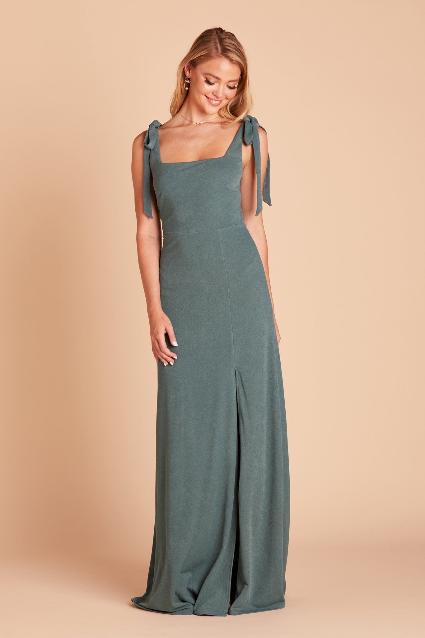 Alex convertible bridesmaid dress with slit in sea glass green crepe by Birdy Grey, front view