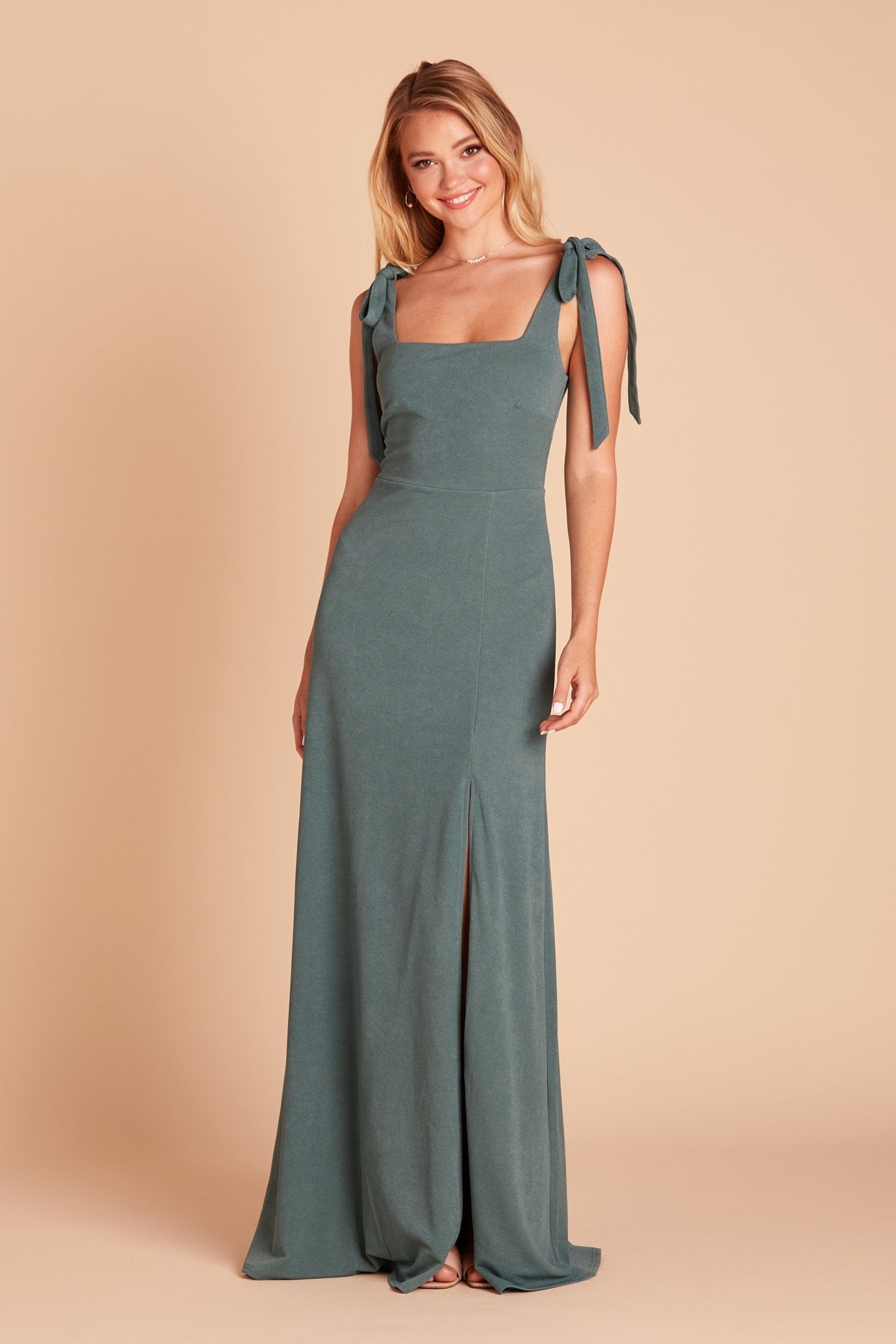 Alex convertible bridesmaid dress with slit in sea glass green crepe by Birdy Grey, front view