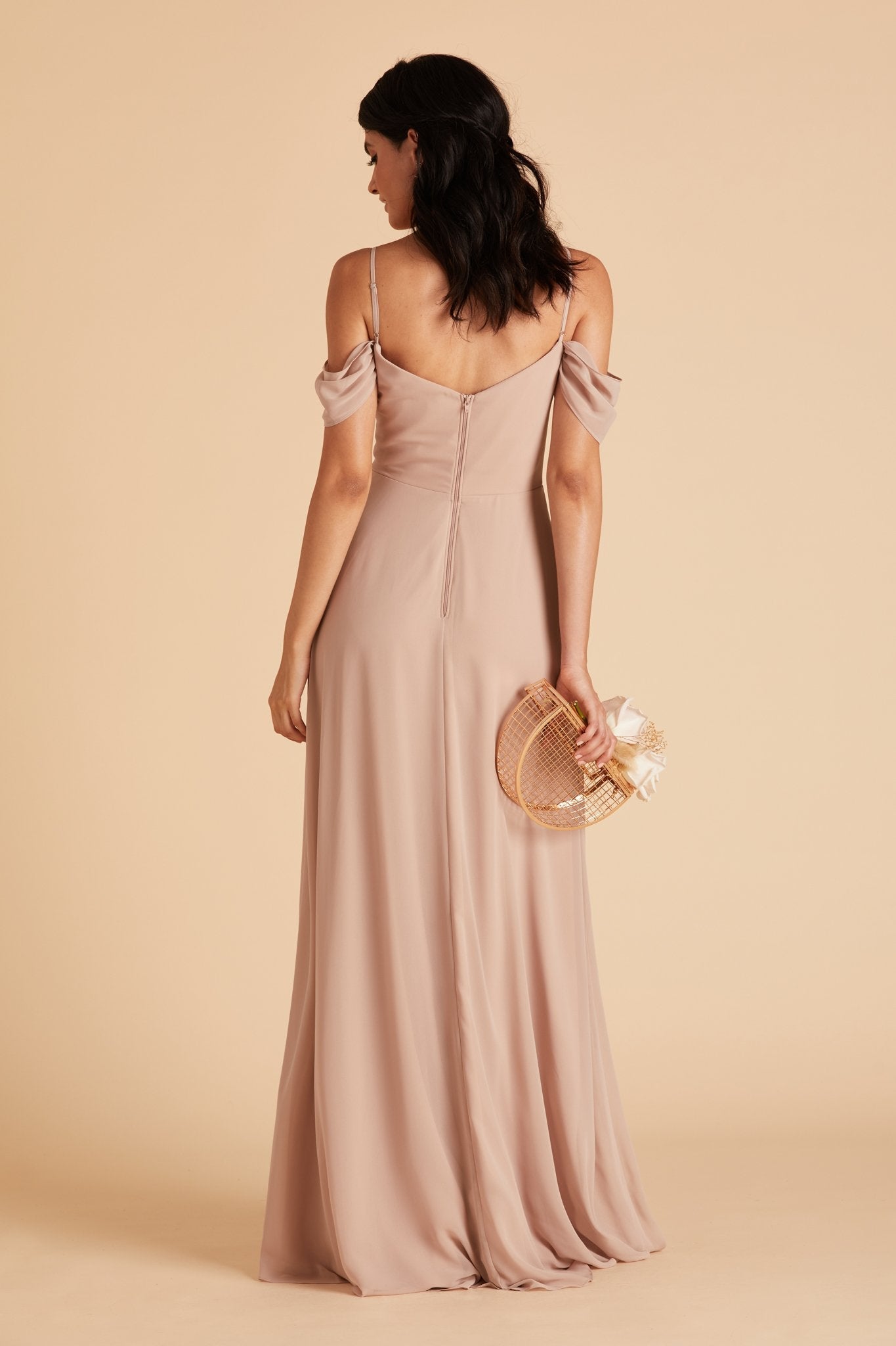 Devin convertible bridesmaids dress in taupe chiffon by Birdy Grey, back view