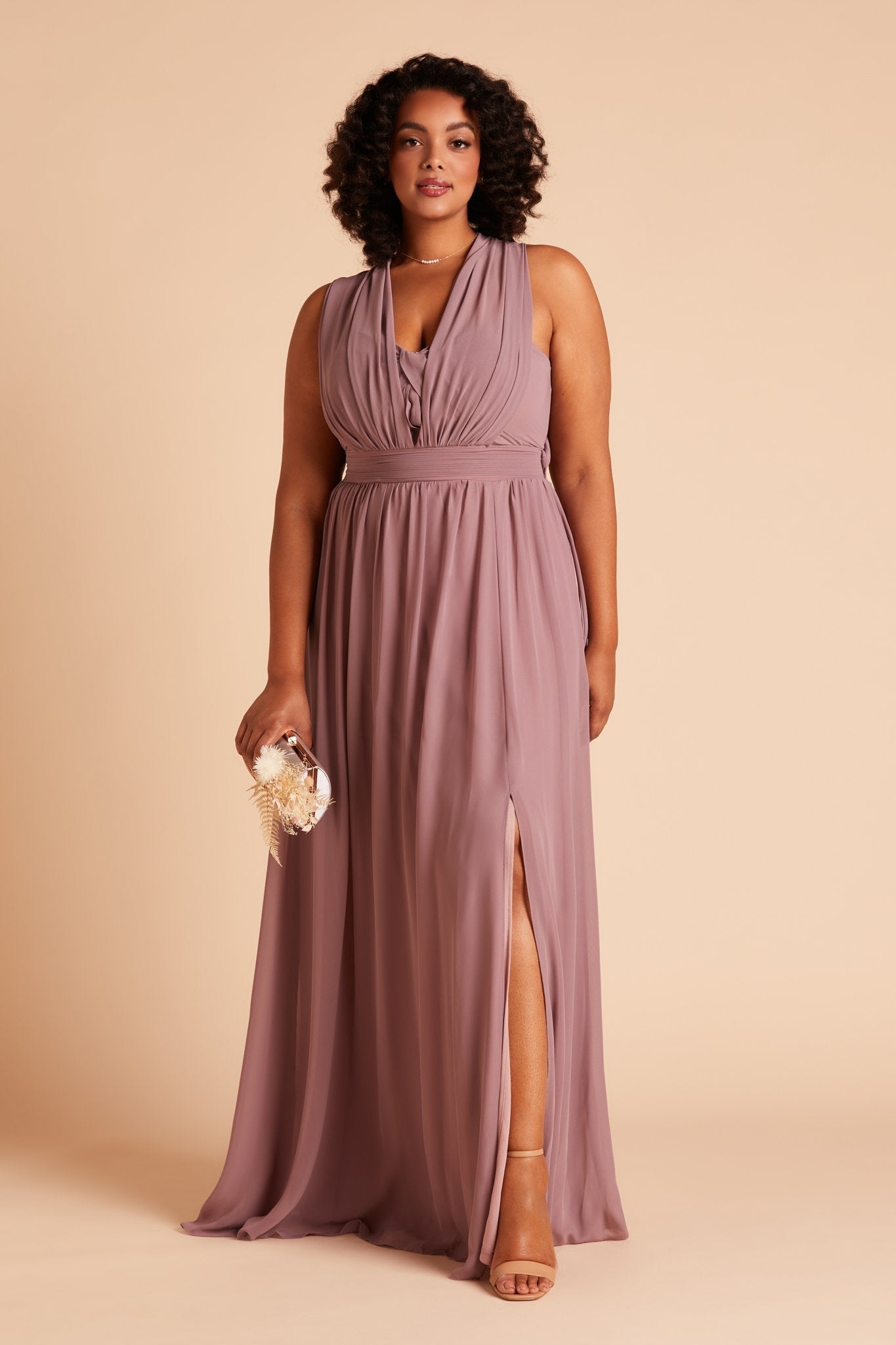 Grace convertible plus size bridesmaid dress with slit in dark mauve chiffon by Birdy Grey, front view