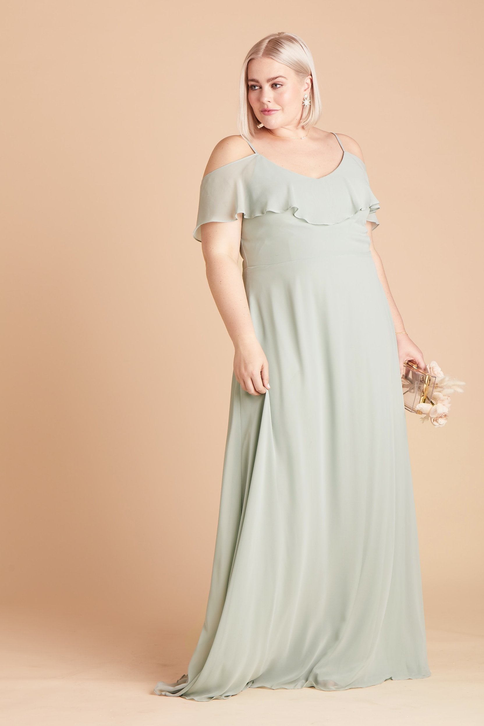 Jane convertible plus size bridesmaid dress in sage green chiffon by Birdy Grey, front view