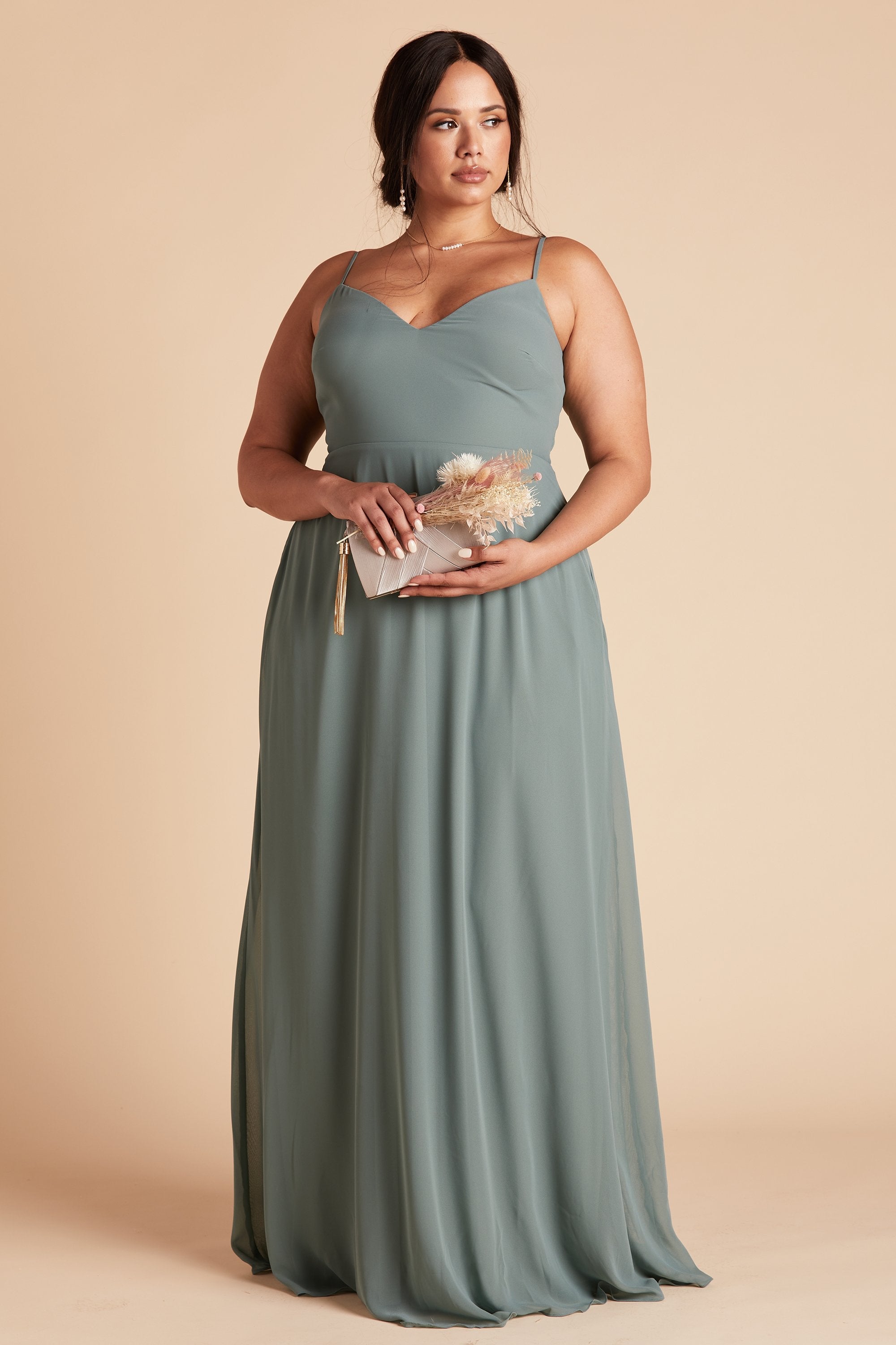 Devin convertible plus size bridesmaids dress in sea glass green chiffon by Birdy Grey, front view