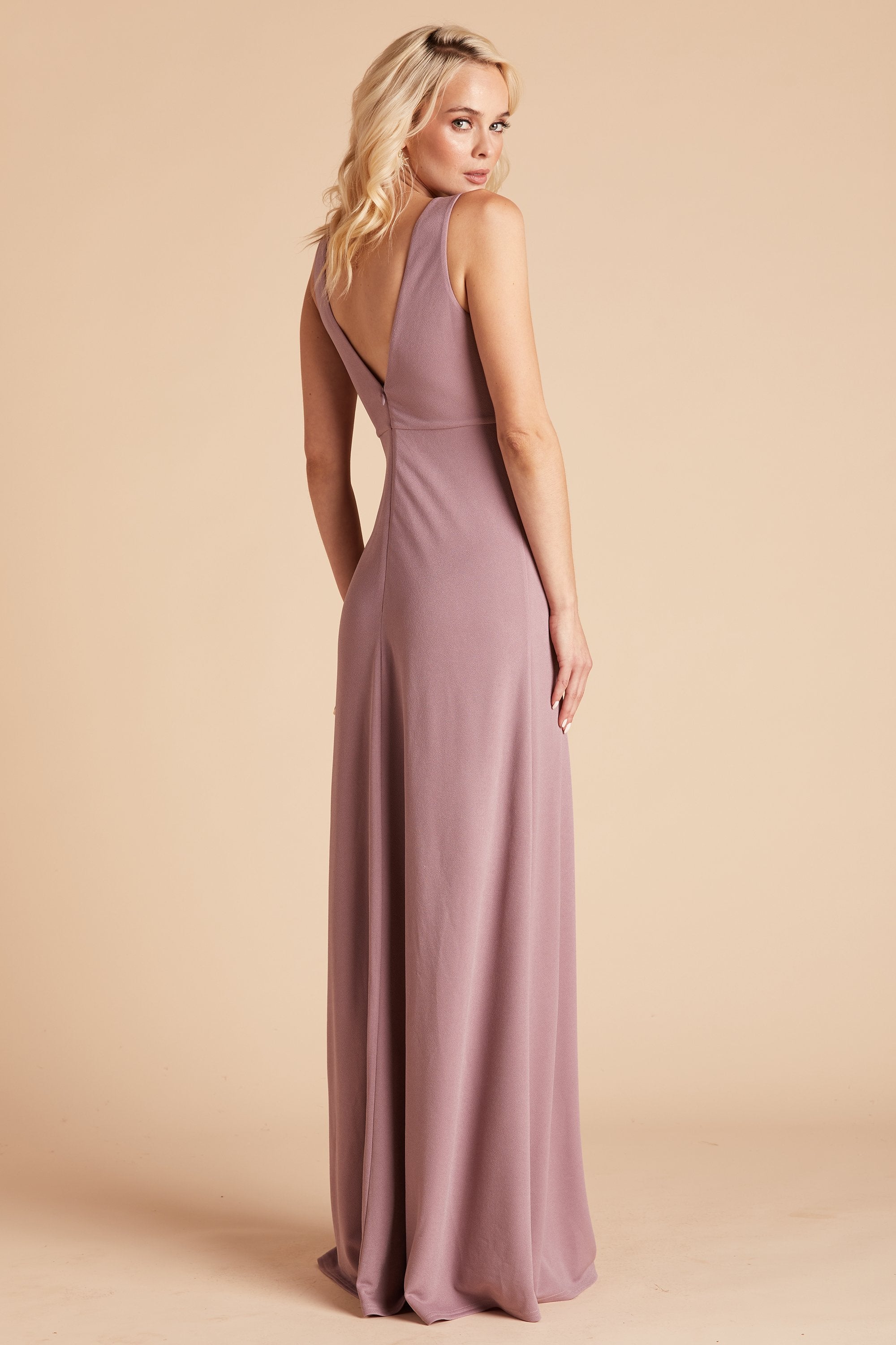 Shamin bridesmaid dress with slit in dark mauve crepe by Birdy Grey, side view