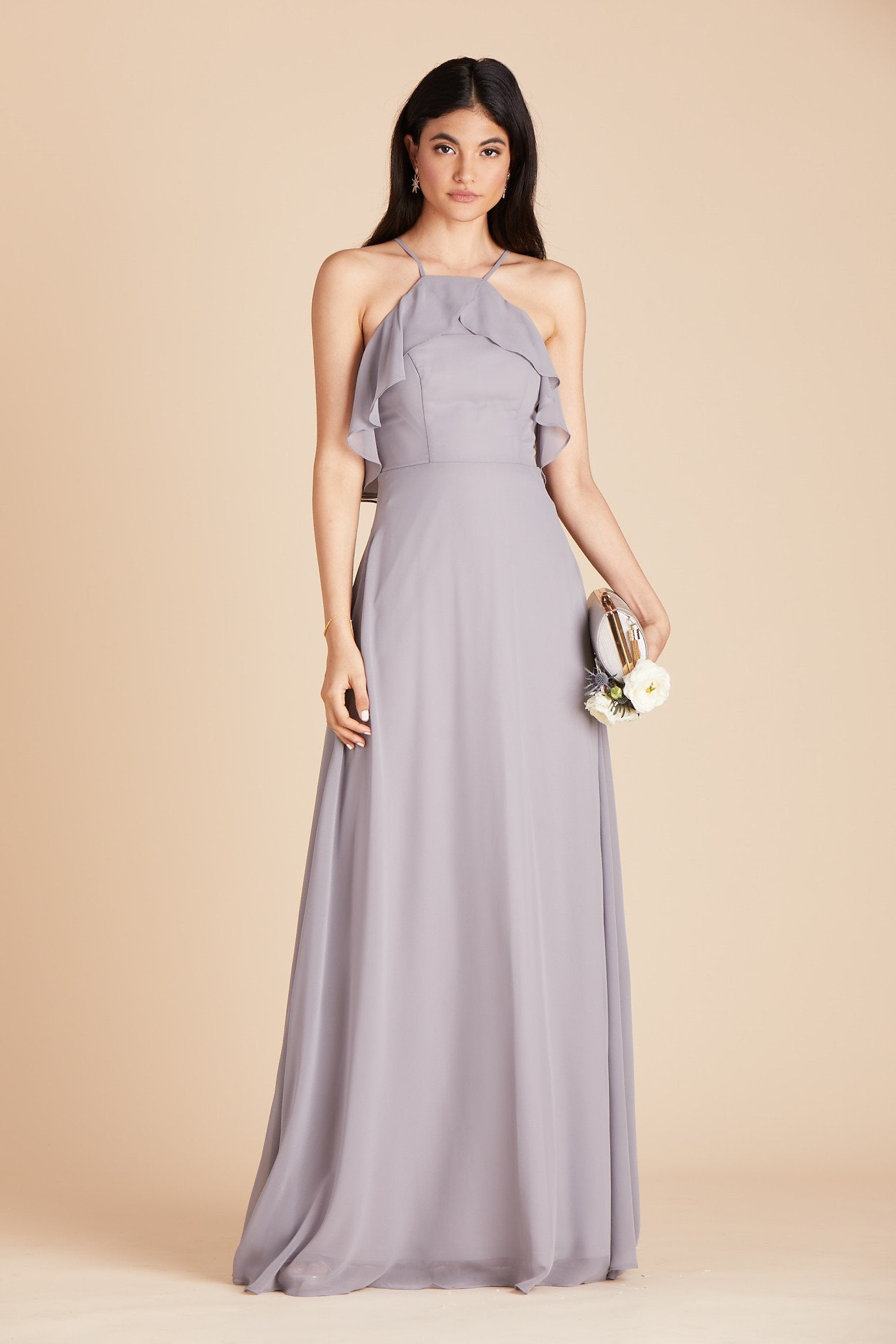 Jules bridesmaid dress in silver chiffon by Birdy Grey, front view