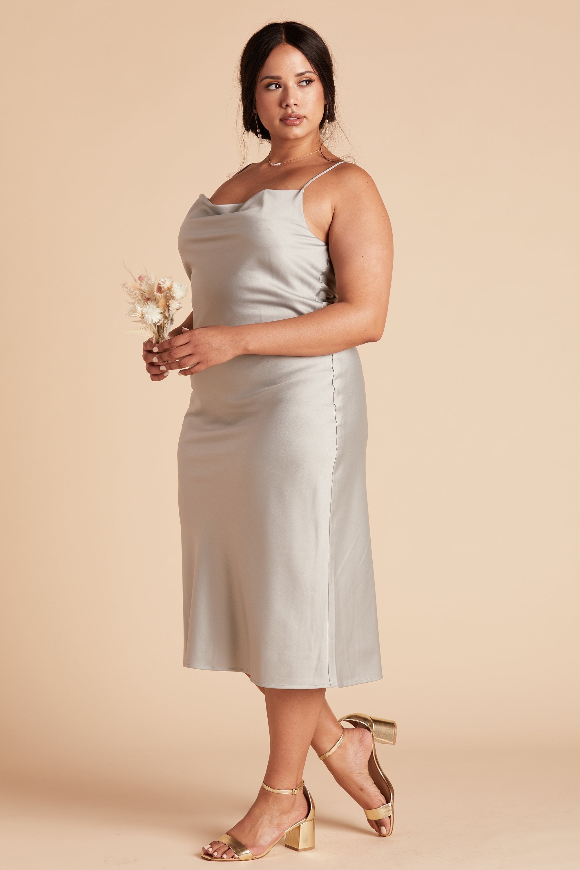 Lista plus size midi dress in pewter satin by Birdy Grey, side view