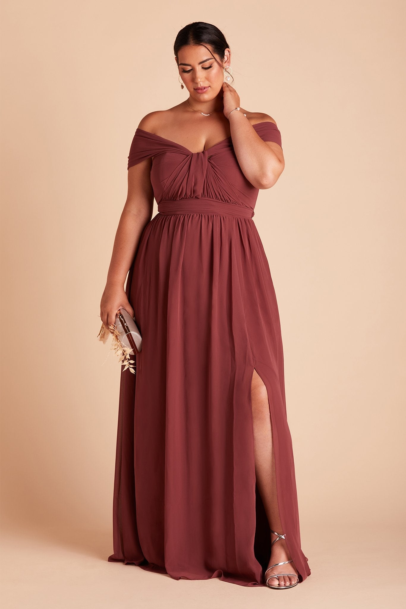 Grace convertible plus size bridesmaid dress with slit in rosewood chiffon by Birdy Grey, front view