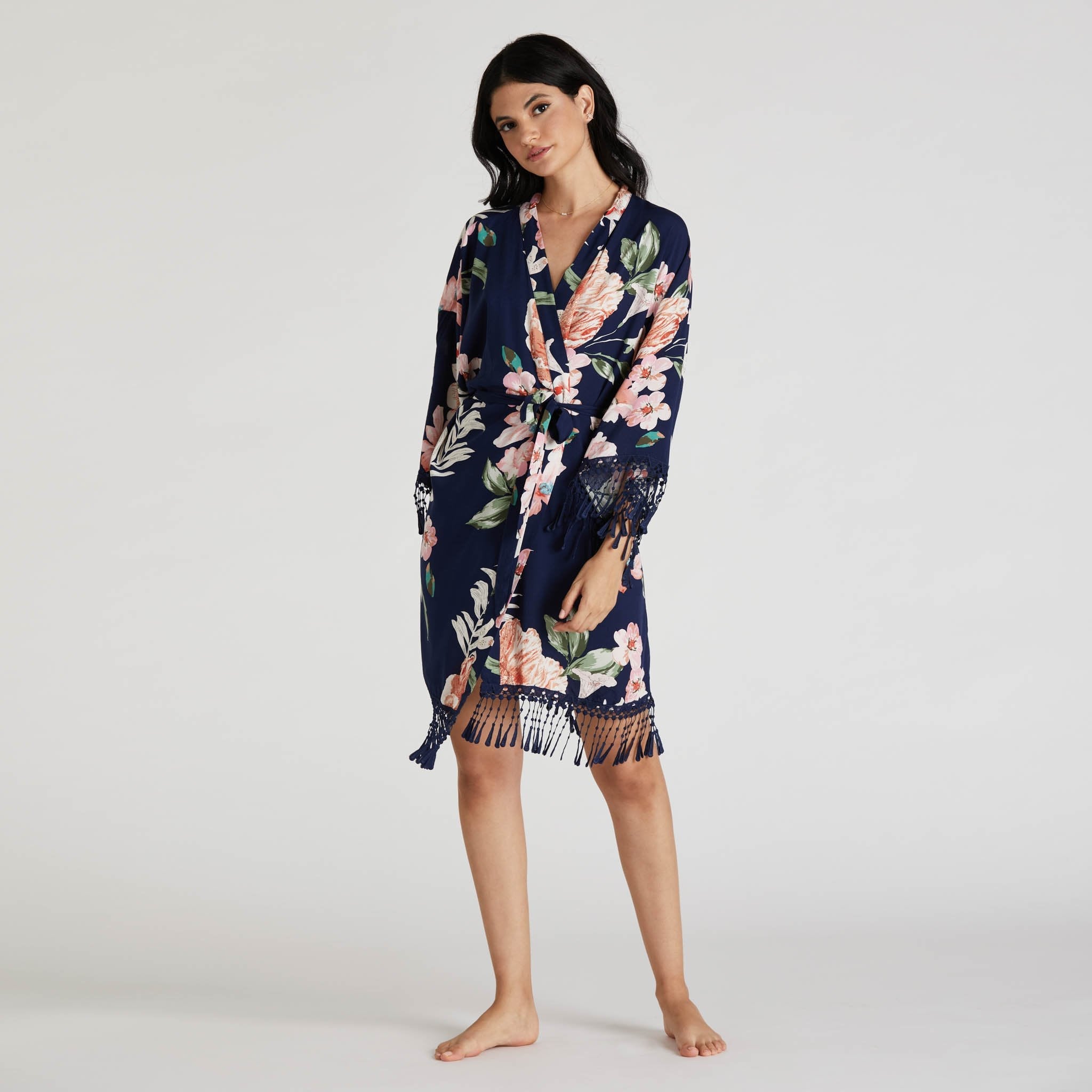 Floral Tassel Robe in navy blue by Birdy Grey, front view