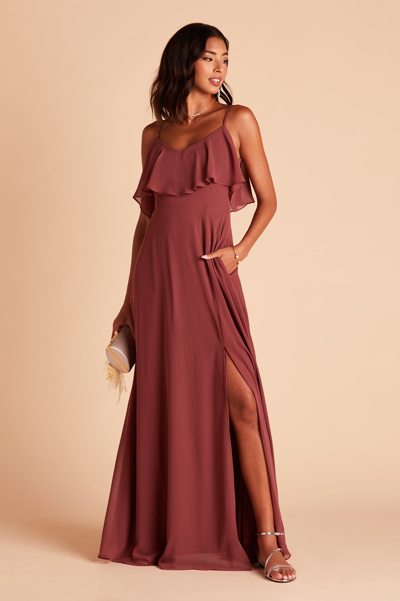 Jane convertible bridesmaid dress with slit in rosewood chiffon by Birdy Grey, front view with hand in pocket