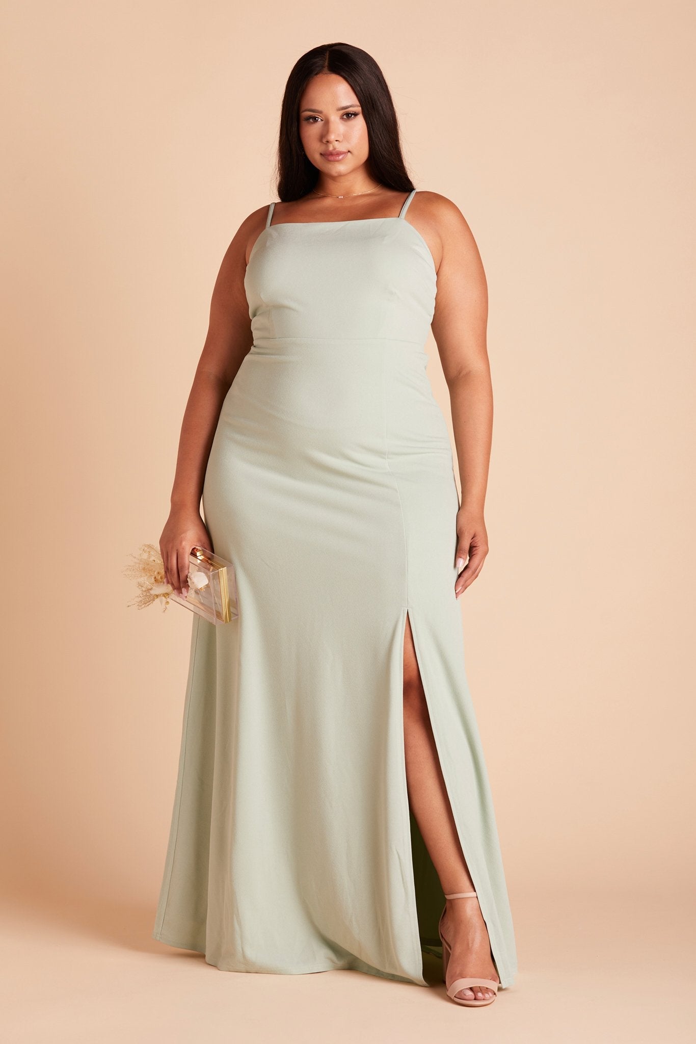 Benny plus size bridesmaid dress with slit in sage green crepe by Birdy Grey, front view