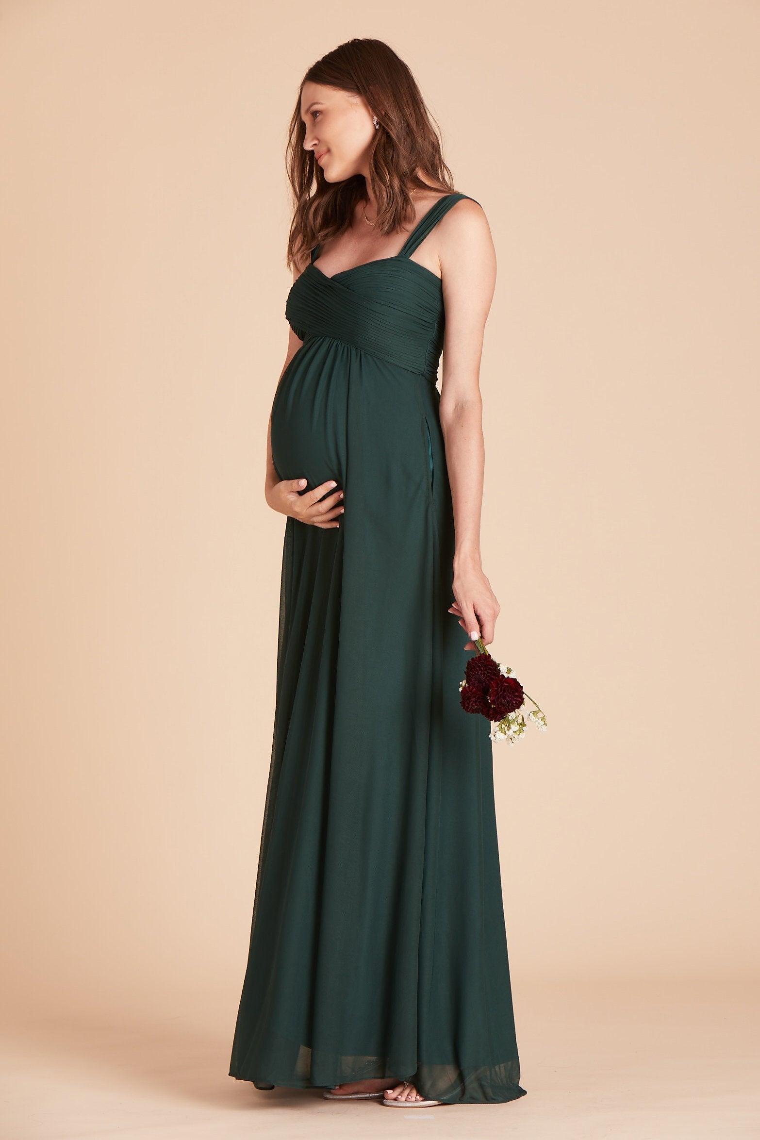 Maria convertible plus size bridesmaids dress in emerald green chiffon by Birdy Grey, side view