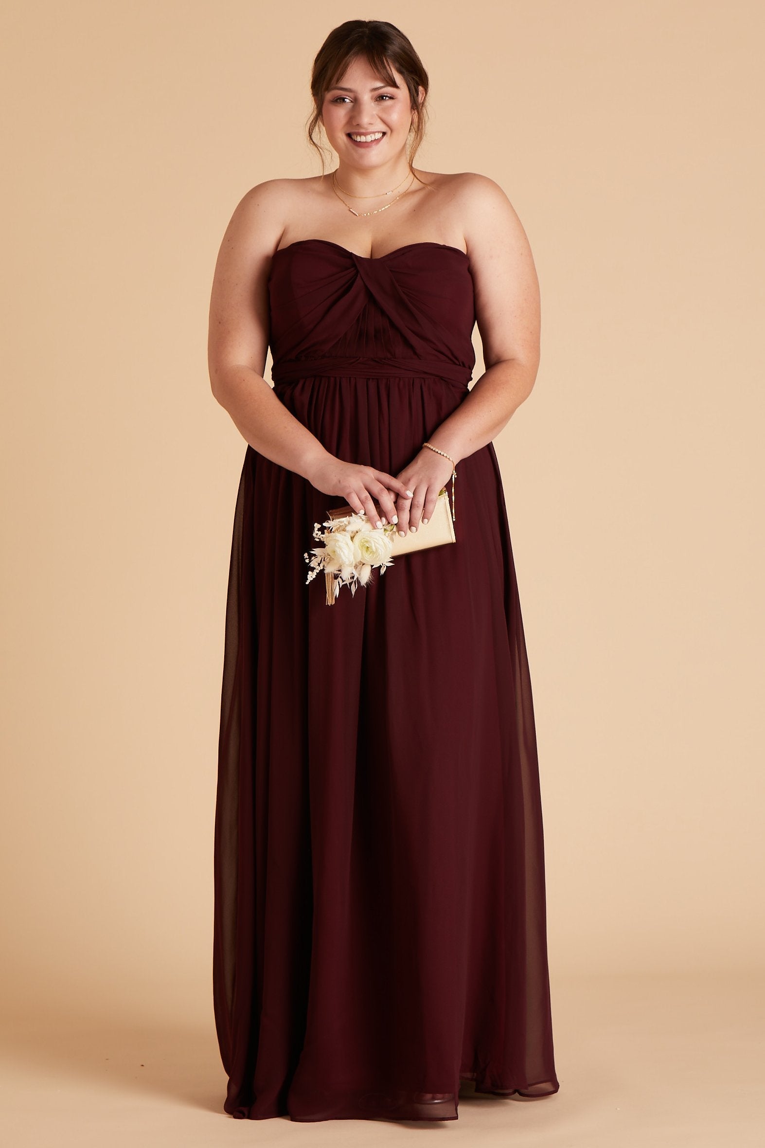 Grace convertible plus size bridesmaid dress in cabernet burgundy chiffon by Birdy Grey, front view