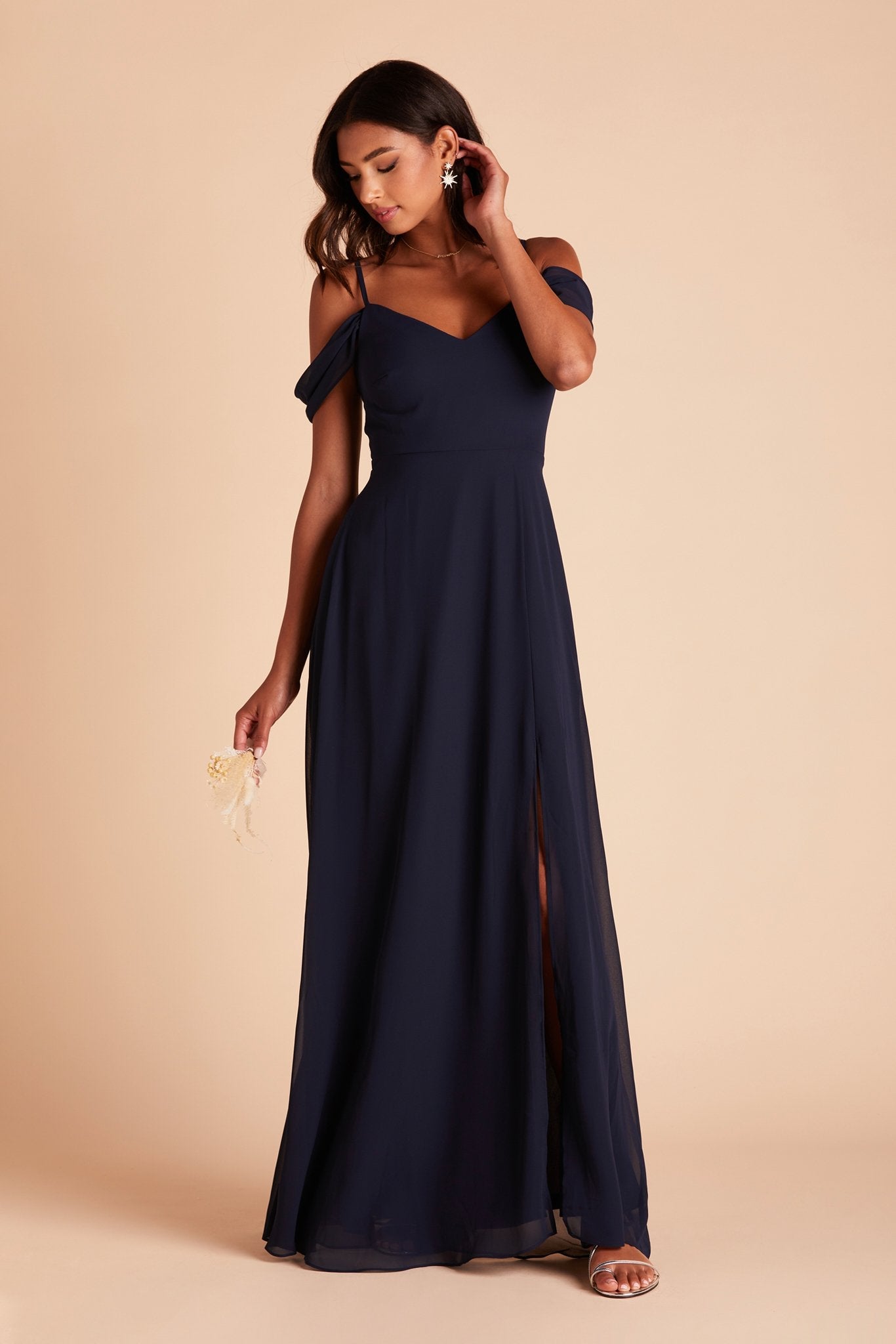 Devin convertible bridesmaid dress with slit in navy blue chiffon by Birdy Grey, front view