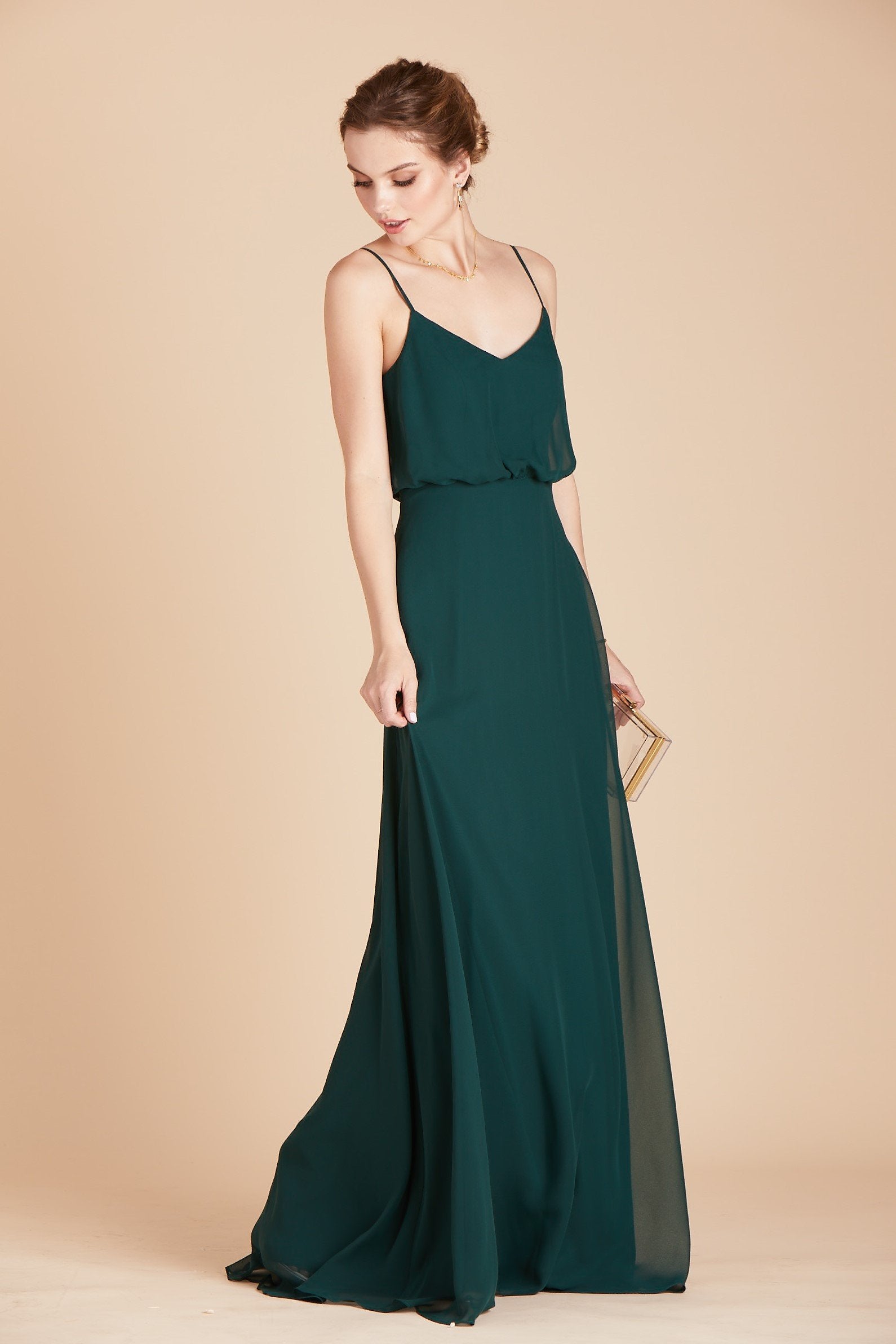 Gwennie bridesmaid dress with slit in emerald green chiffon by Birdy Grey, front view