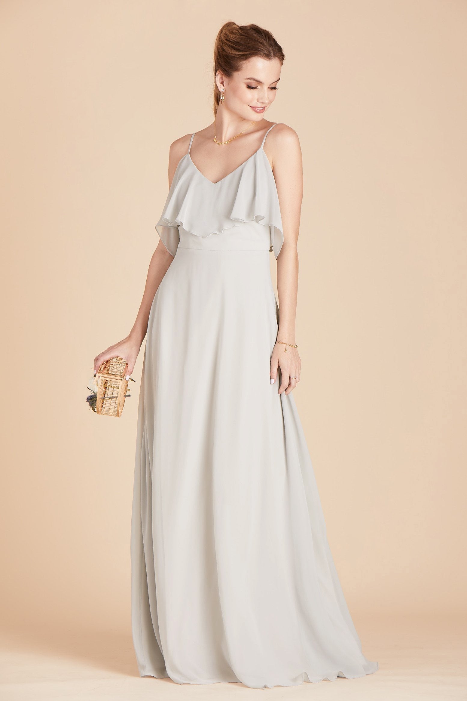 Jane convertible bridesmaid dress in dove gray chiffon by Birdy Grey, front view