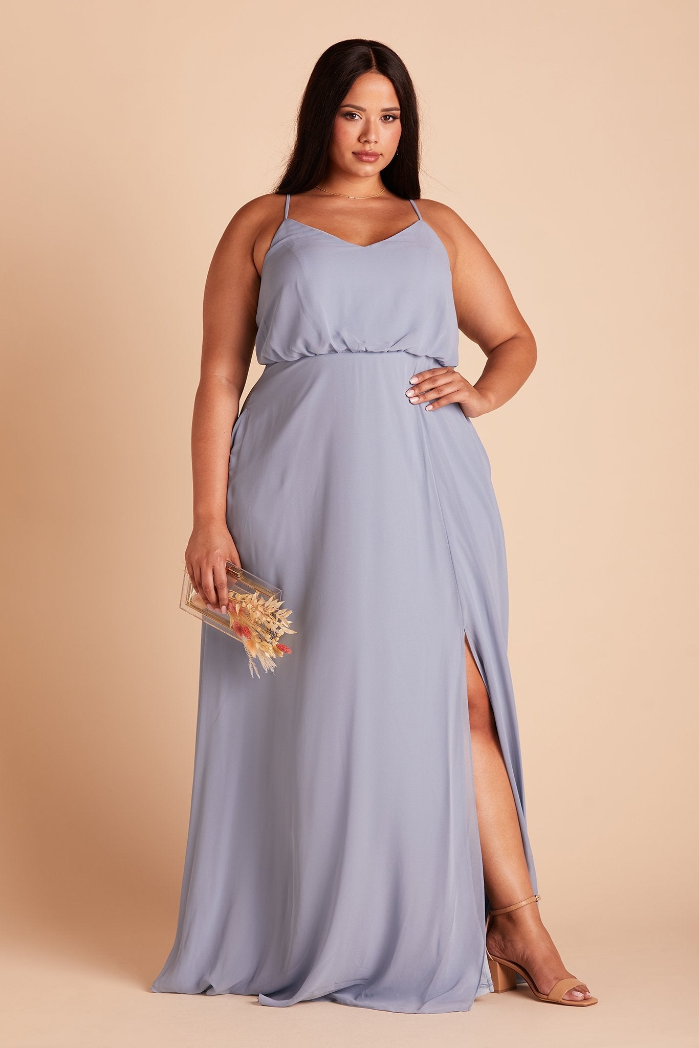 Gwennie plus size bridesmaid dress with slit in dusty blue chiffon by Birdy Grey, front view