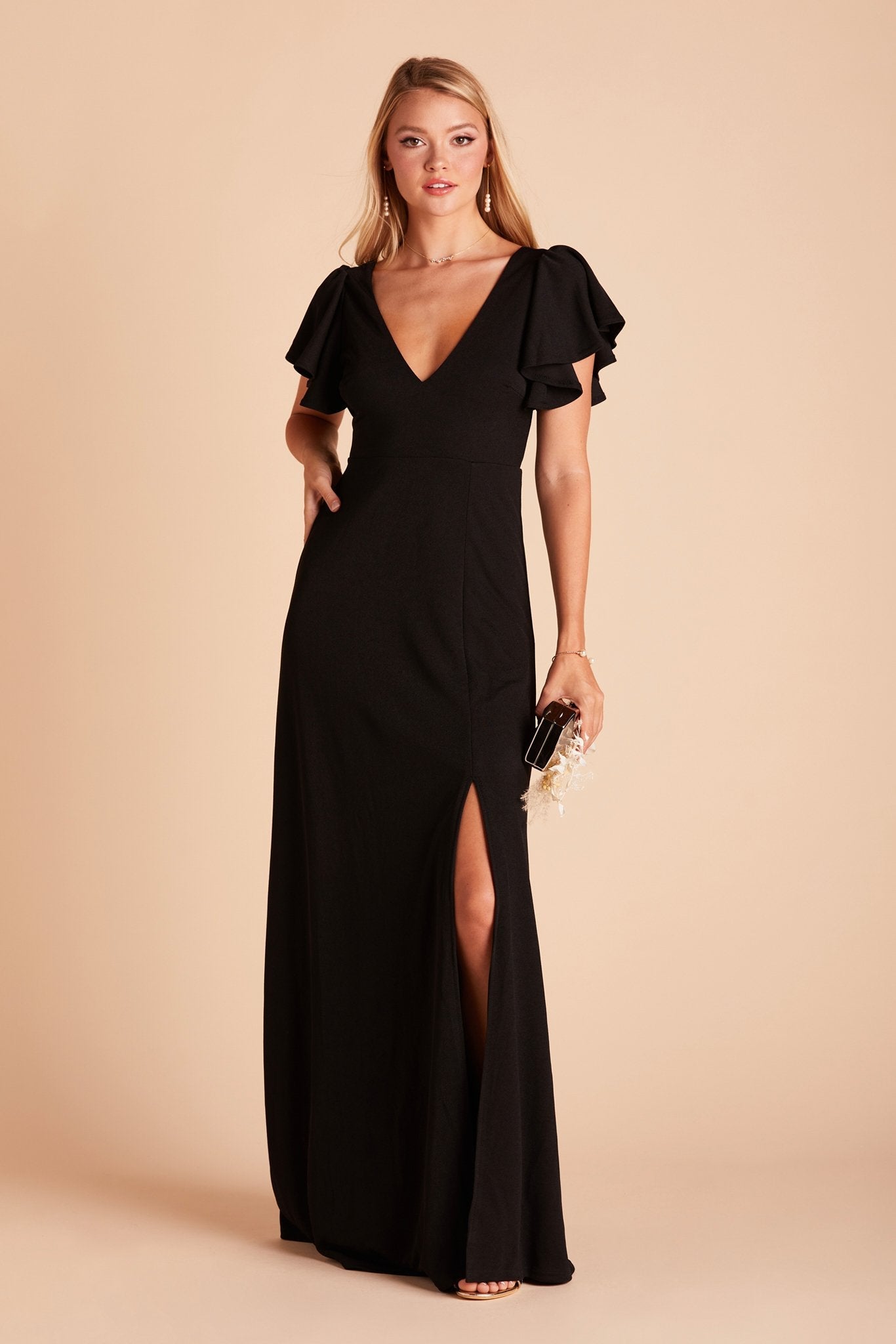 Hannah bridesmaid dress with slit in black crepe by Birdy Grey, front view