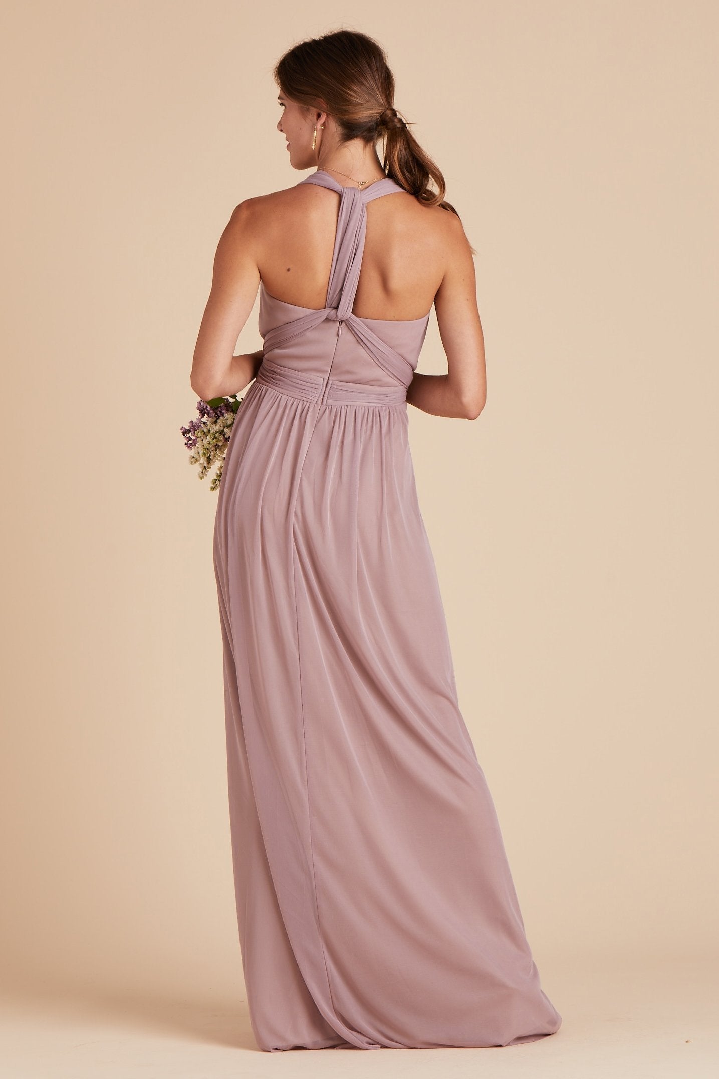 Chicky convertible bridesmaid dress in mauve purple mesh by Birdy Grey, back view