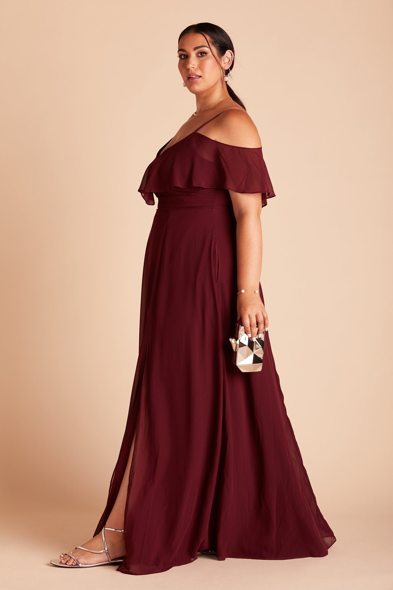 Jane convertible plus size bridesmaid dress with slit in Cabernet Burgundy chiffon by Birdy Grey, side view