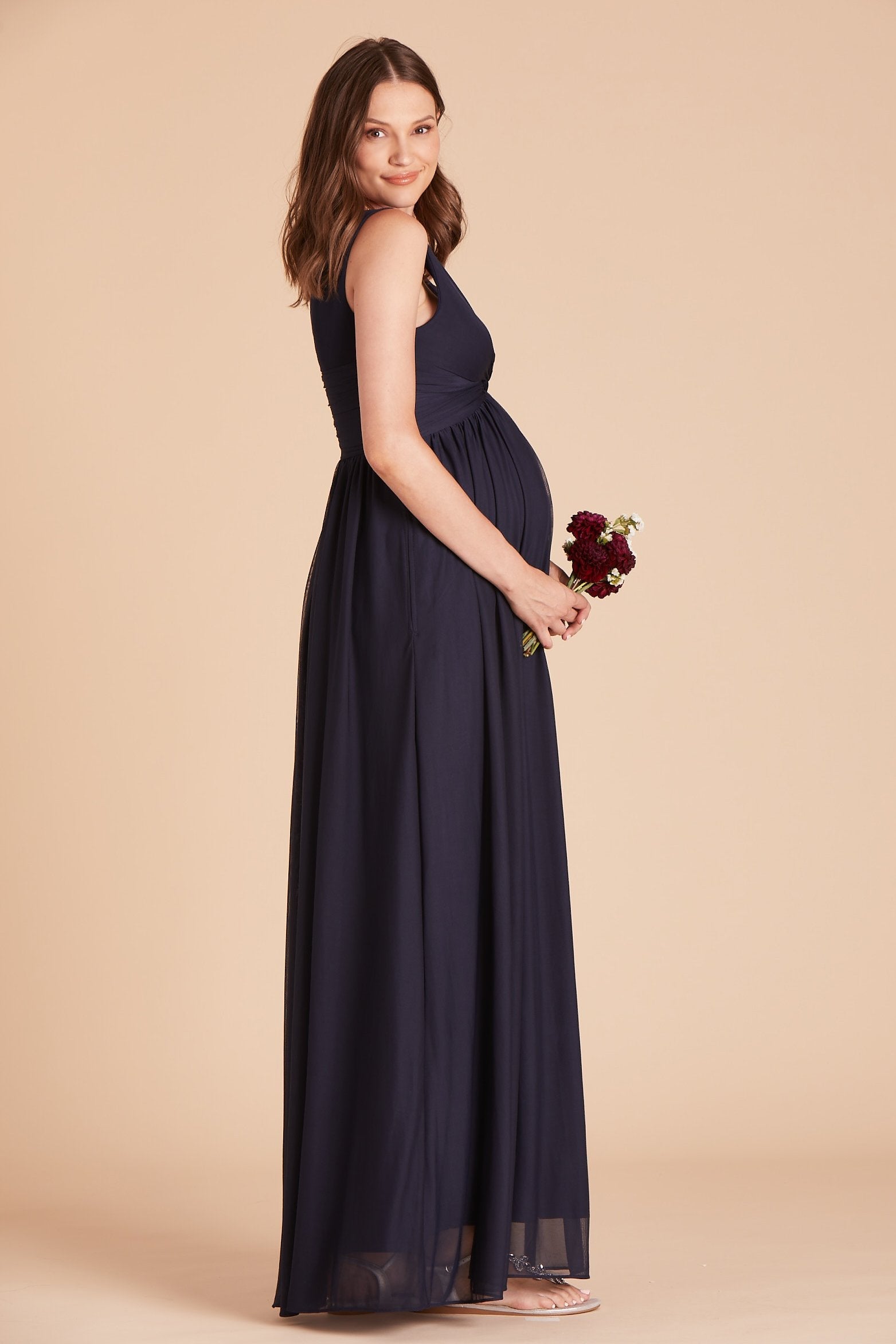 Lianna bridesmaid dress in navy blue chiffon by Birdy Grey, side view