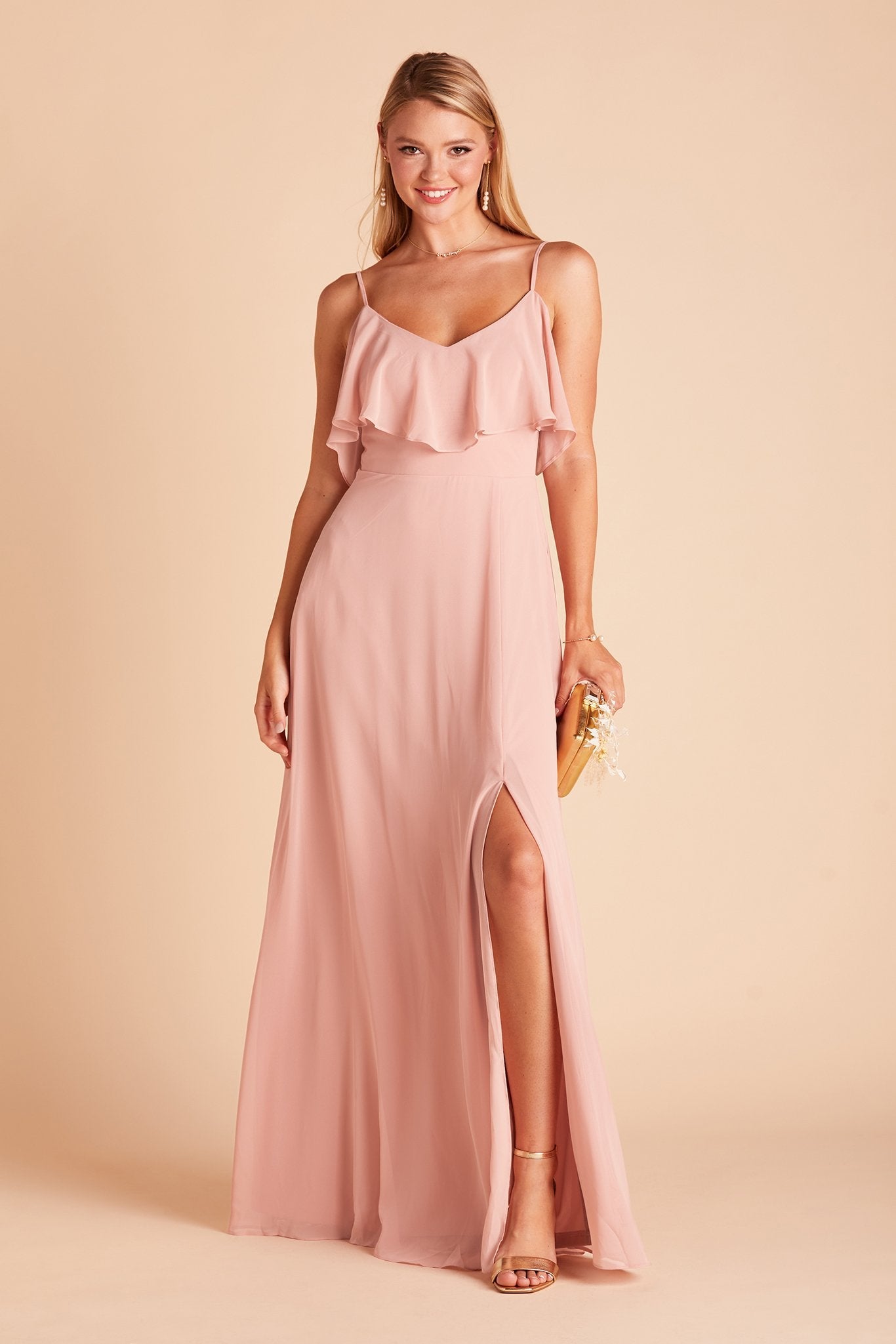 Jane convertible bridesmaid dress with slit in dusty rose chiffon by Birdy Grey, front view