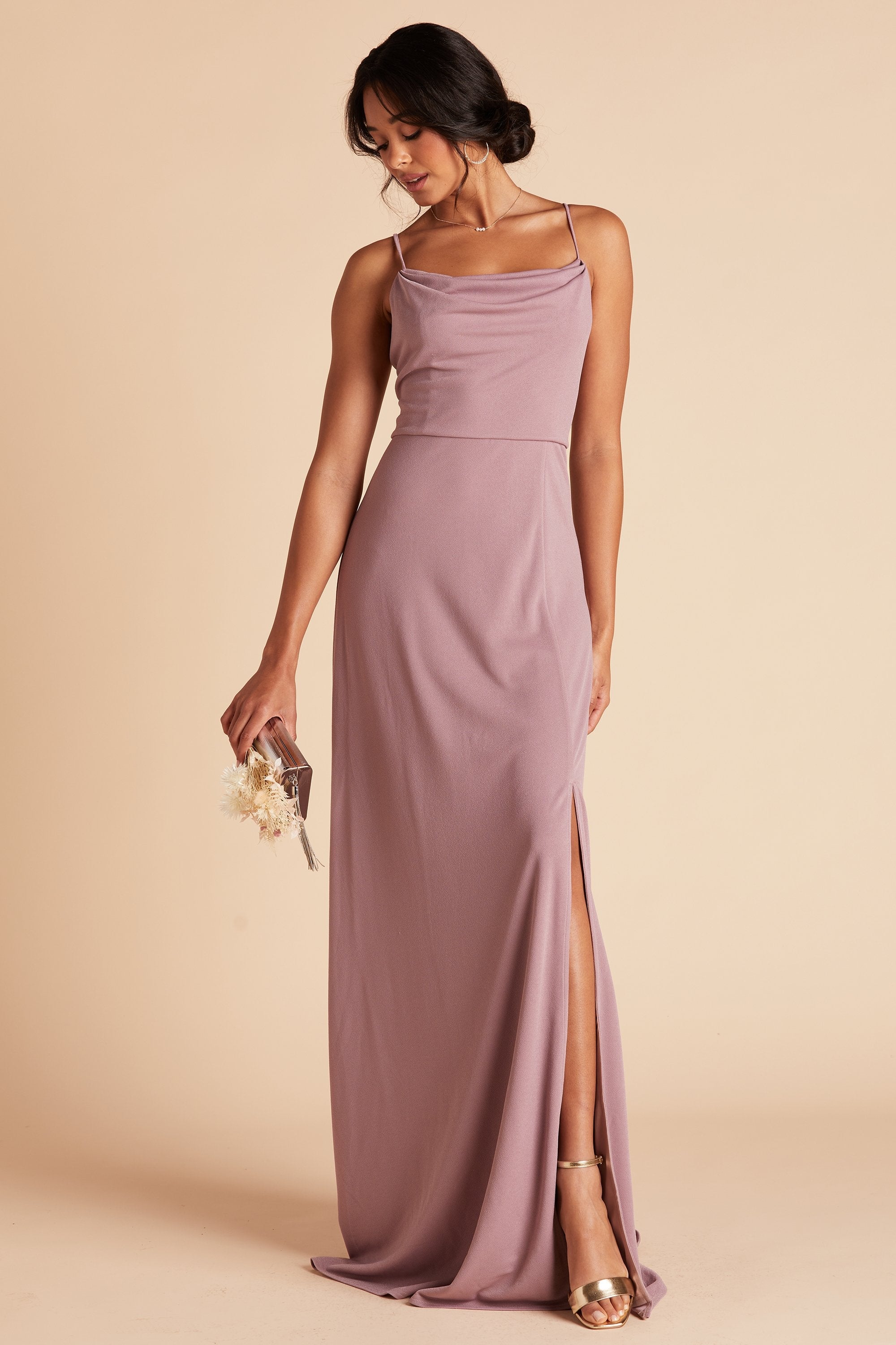 Ash bridesmaid dress with slit in dark mauve crepe by Birdy Grey, front view