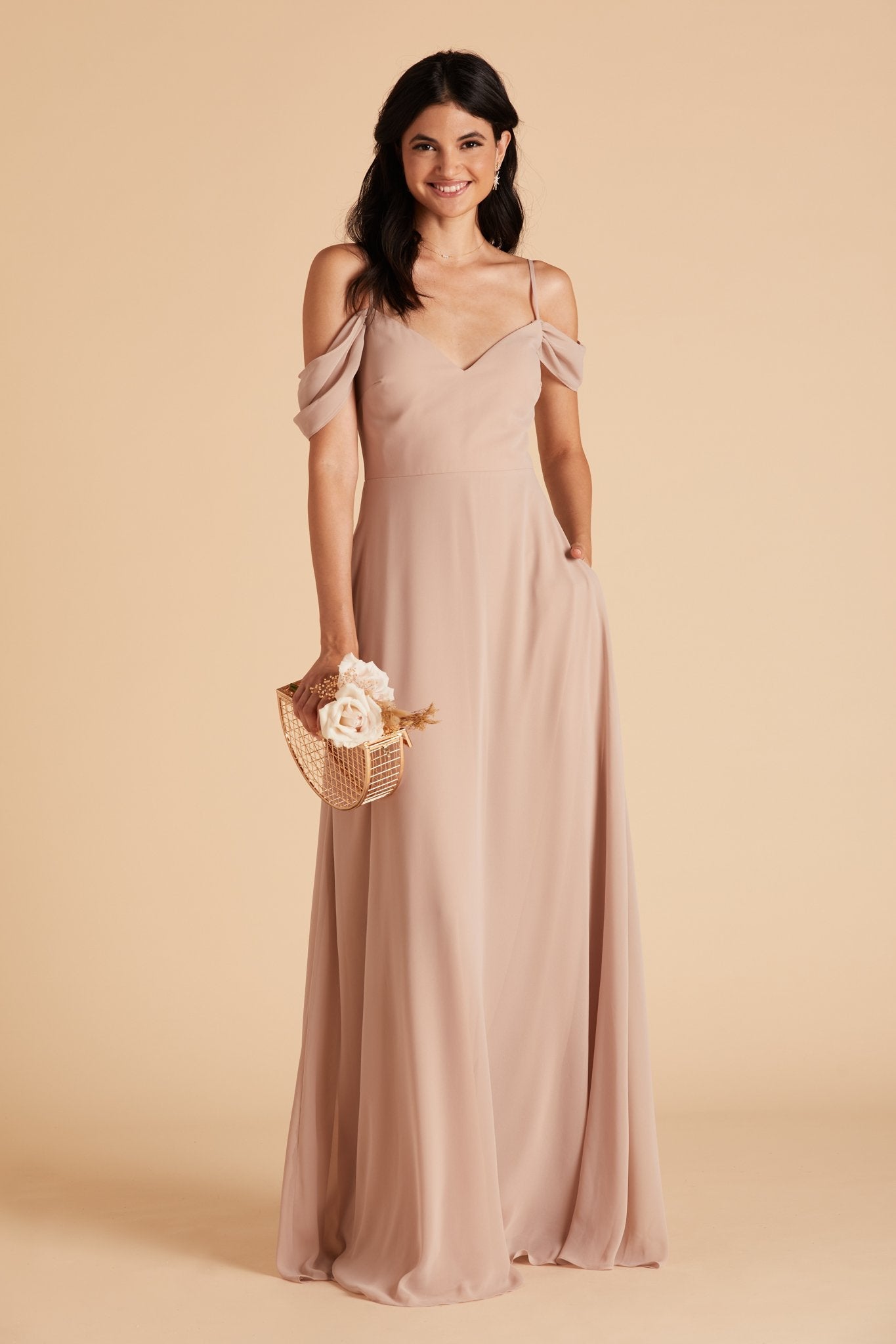 Devin convertible bridesmaids dress in taupe chiffon by Birdy Grey, front view