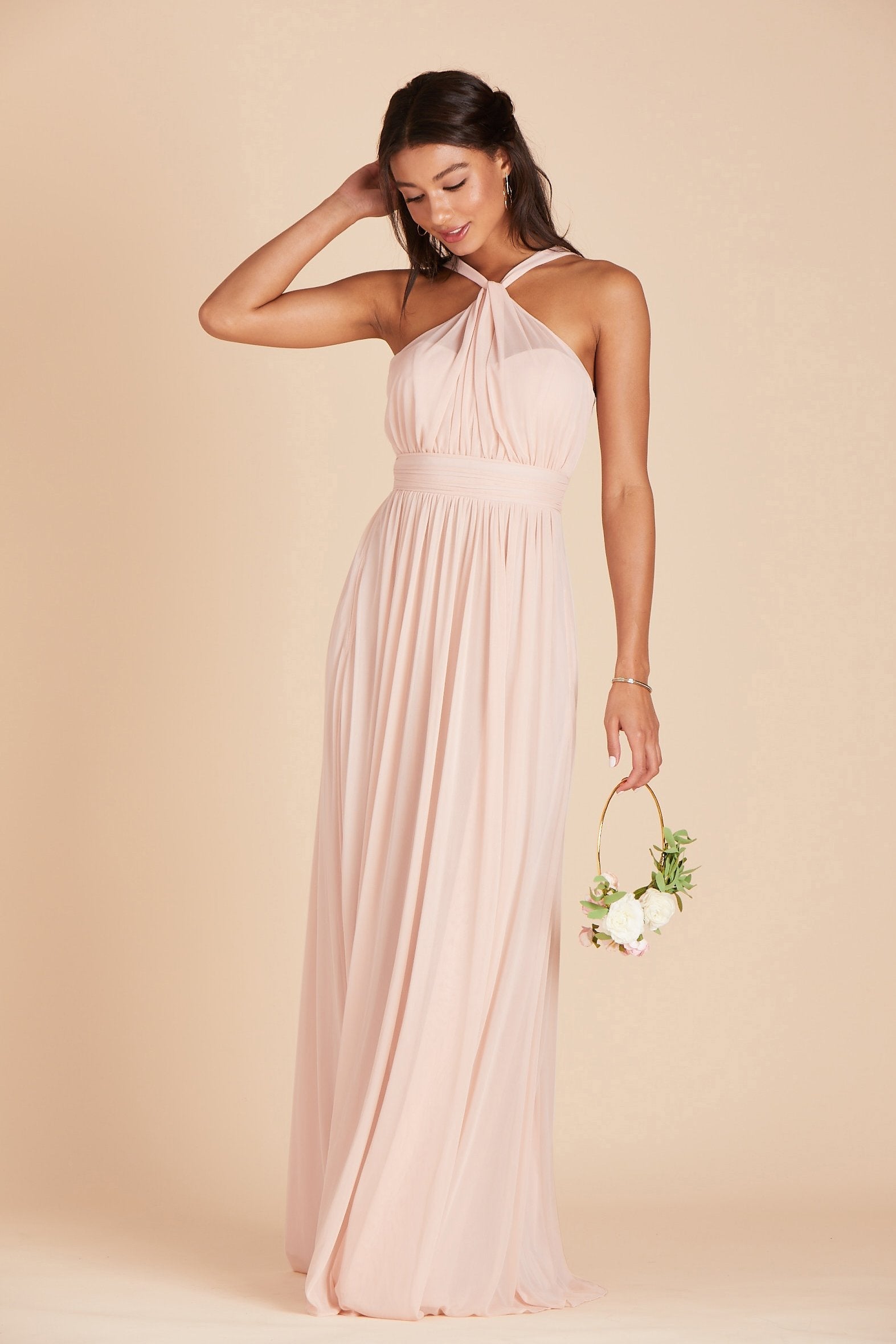 Kiko bridesmaid dress in pale blush chiffon by Birdy Grey, front view