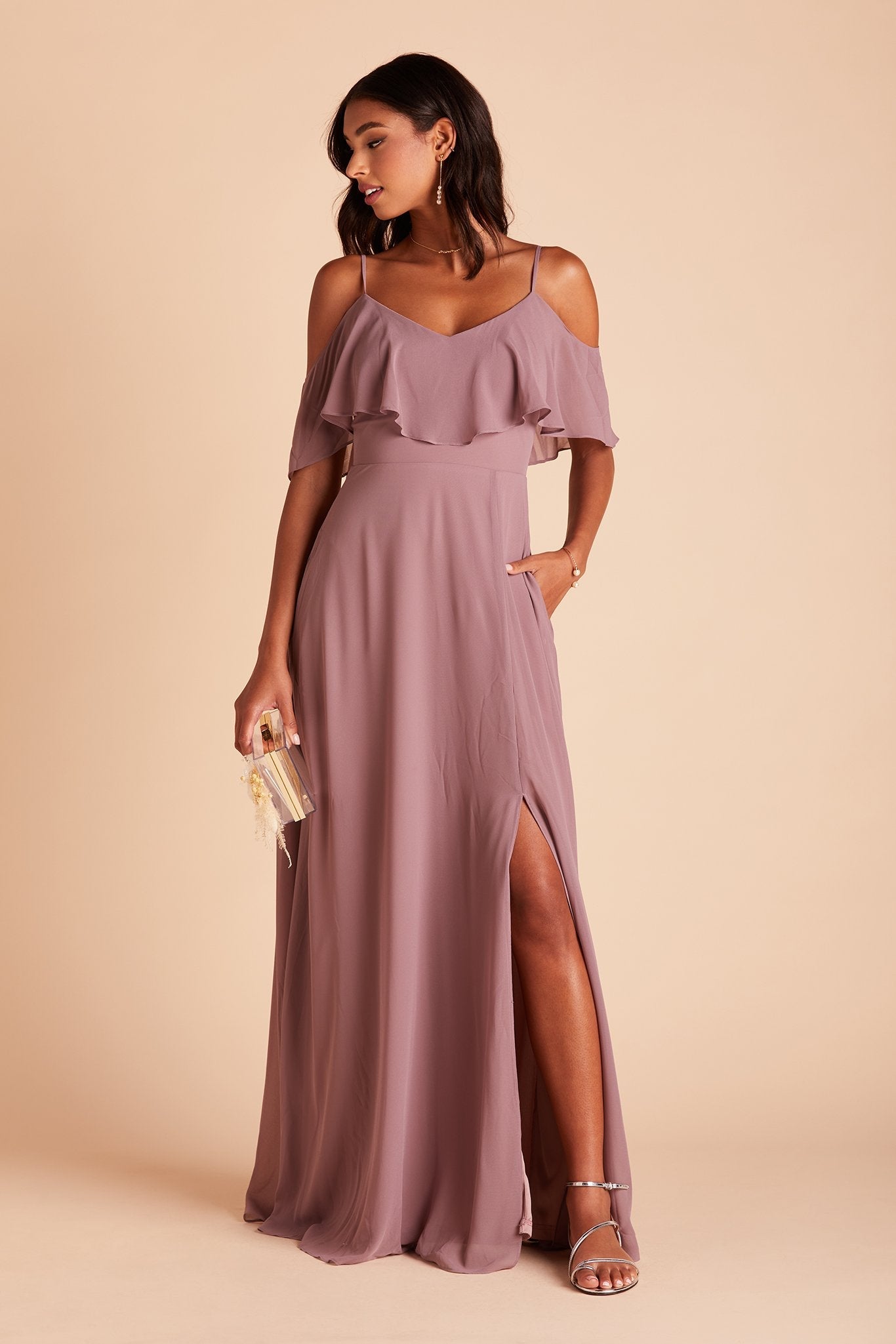 Jane convertible bridesmaid dress with slit in dark mauve chiffon by Birdy Grey, front view with hand in pocket