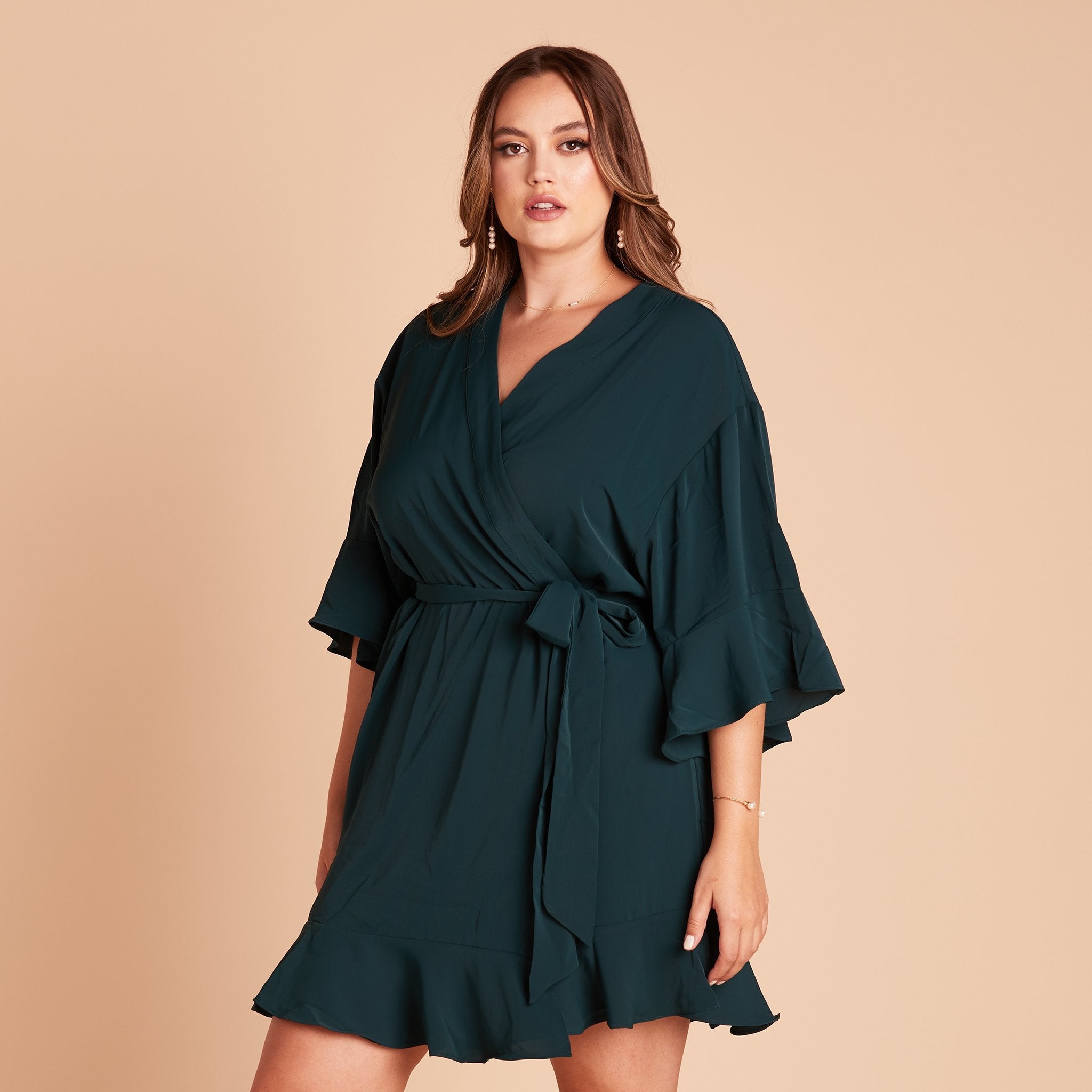 Kenny Ruffle Robe in emerald green by Birdy Grey, front view