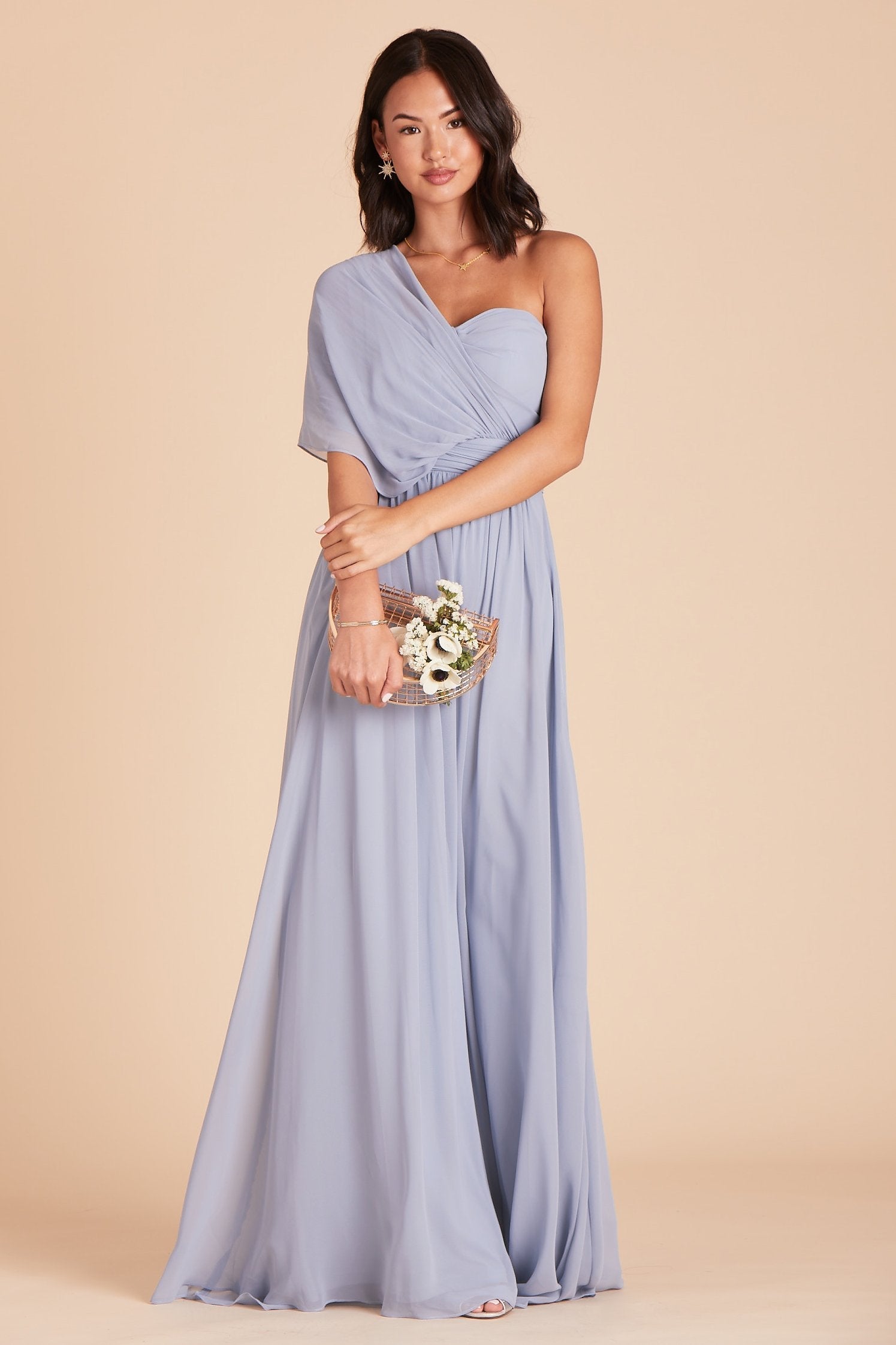 Grace convertible bridesmaid dress in dusty blue chiffon by Birdy Grey, front view