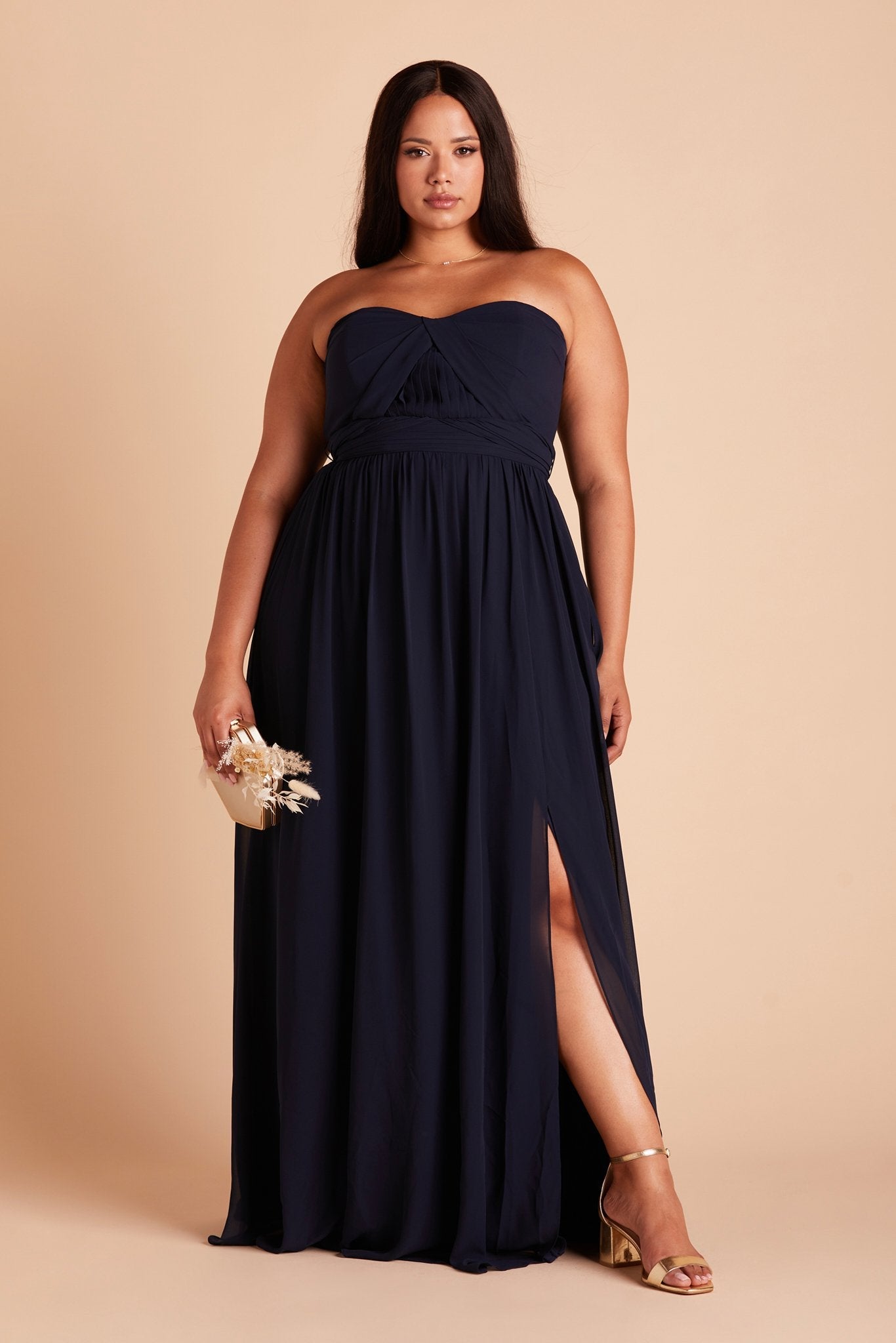 Grace convertible plus size bridesmaid dress in navy blue chiffon by Birdy Grey, front view