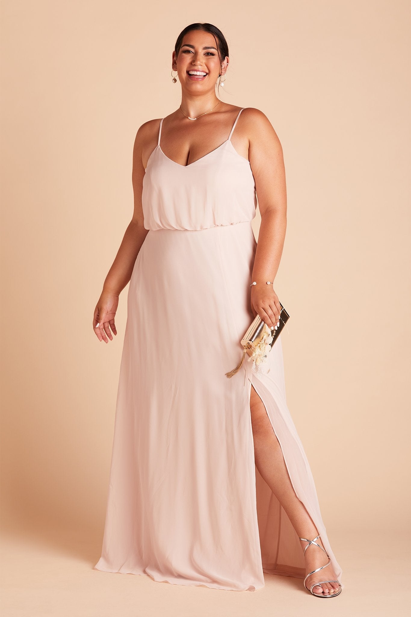 Gwennie plus size bridesmaid dress with slit in pale blush chiffon by Birdy Grey, front view