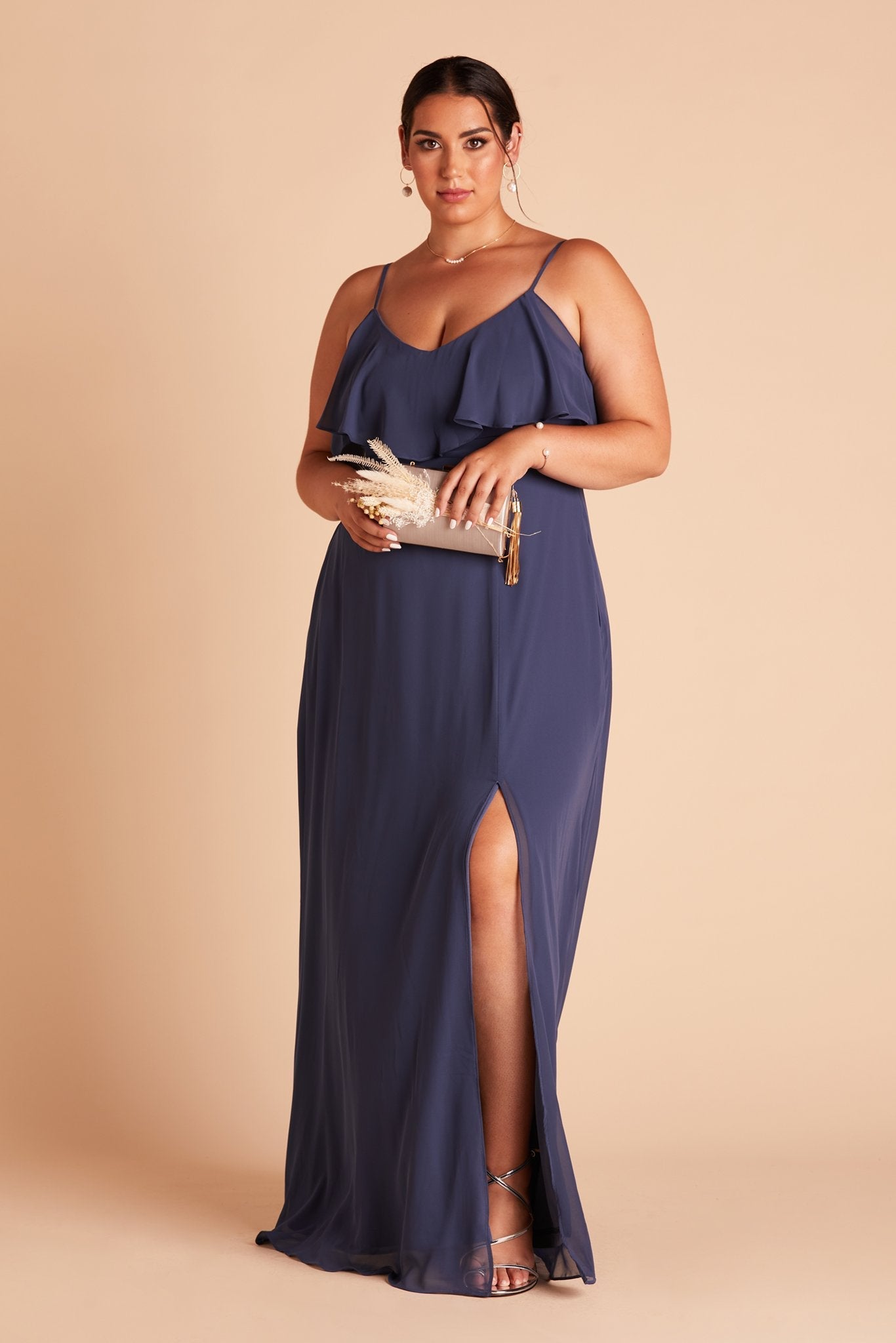 Jane convertible plus size bridesmaid dress with slit in slate blue chiffon by Birdy Grey, front view