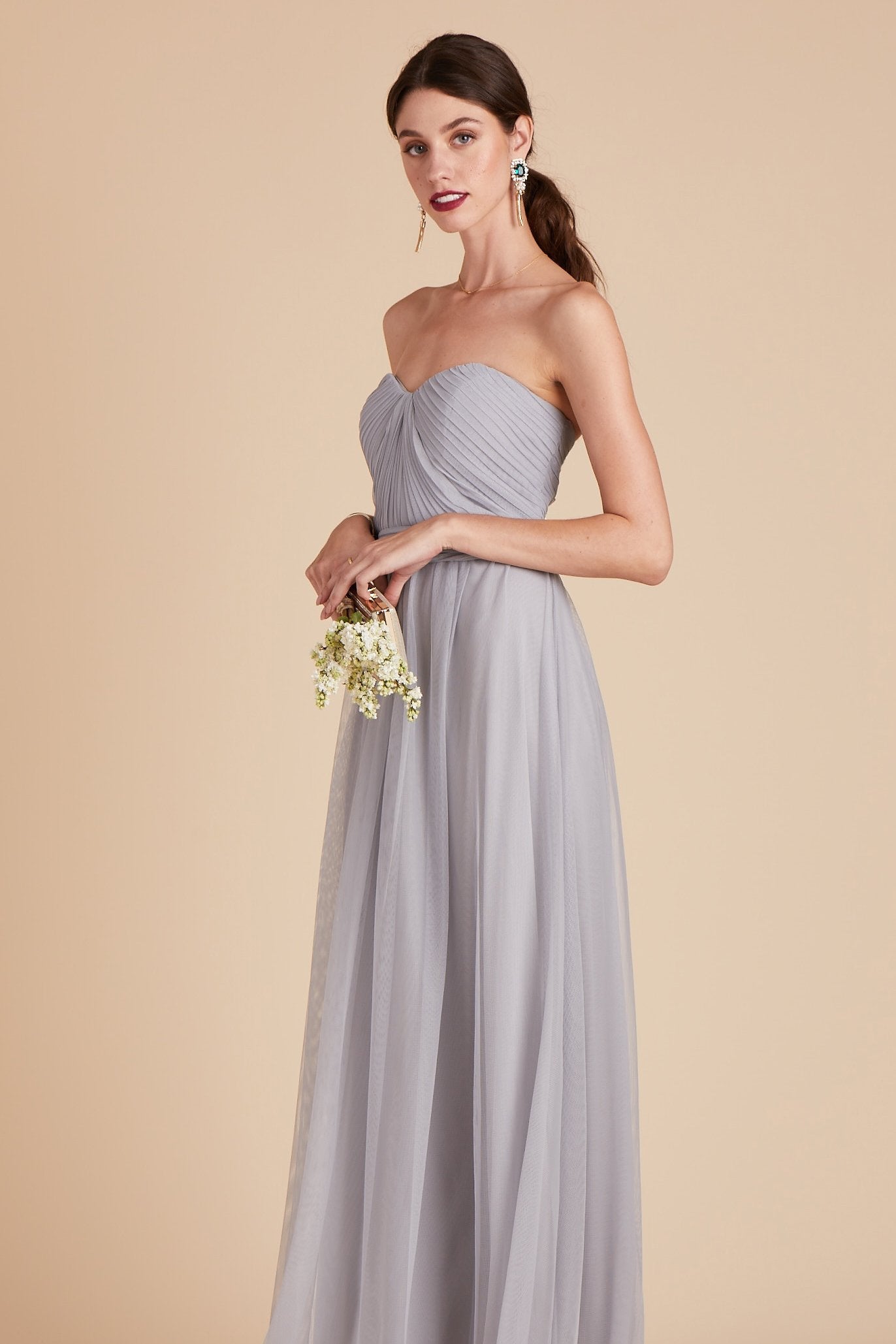 Christina convertible bridesmaid dress in silver tulle by Birdy Grey, side view