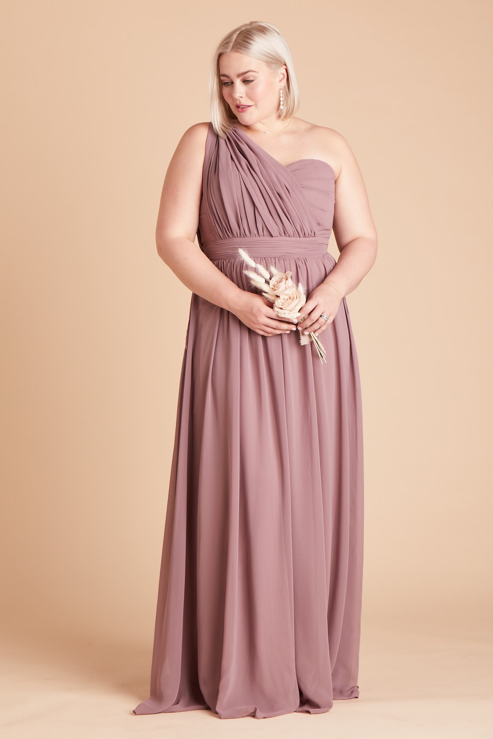 Grace convertible plus size bridesmaid dress in dark mauve chiffon by Birdy Grey, front view