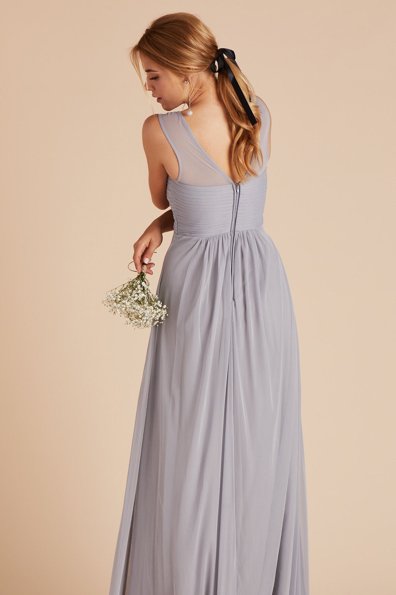 Ryan bridesmaid dress in silver chiffon by Birdy Grey, back view