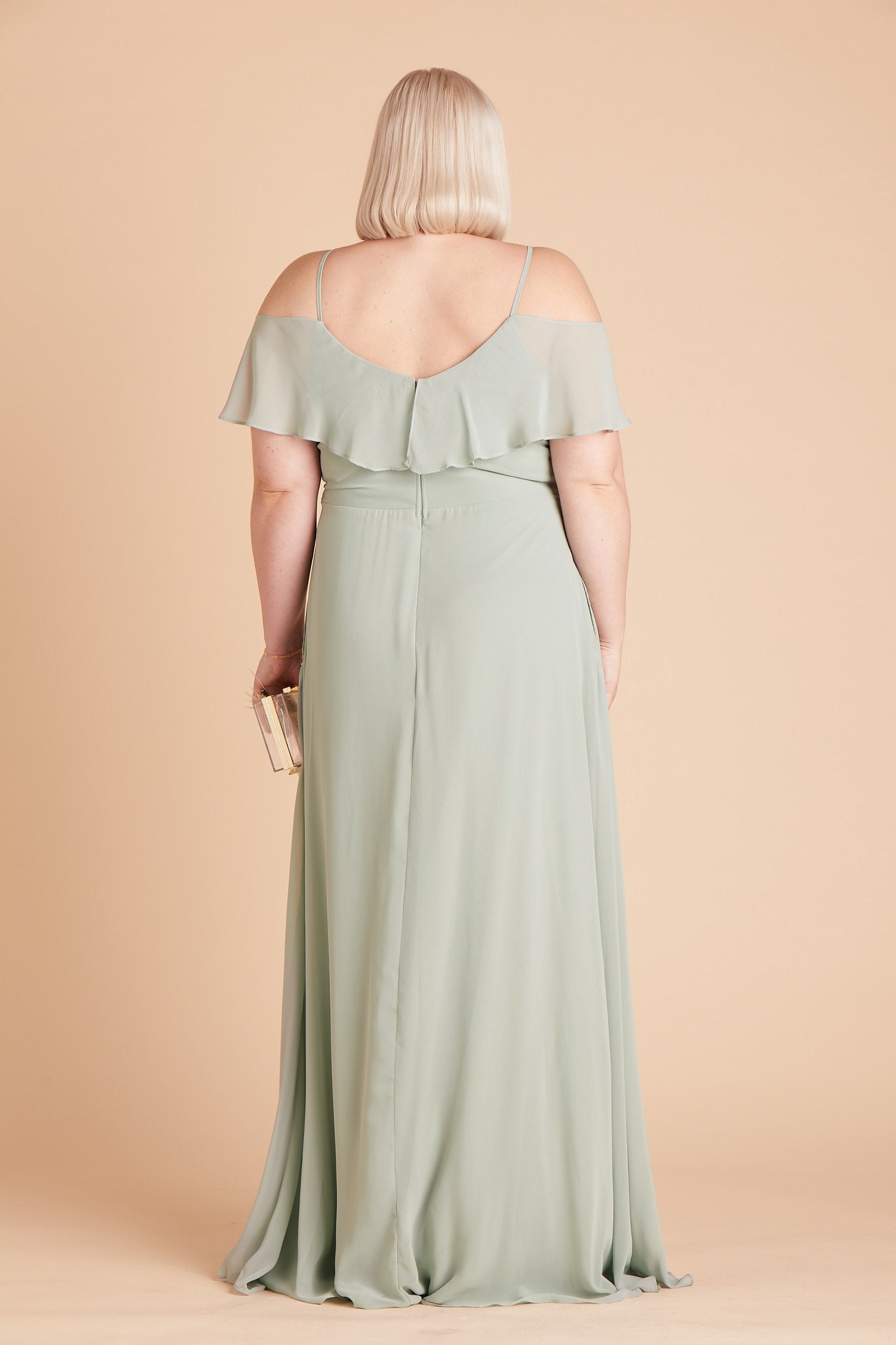 Jane convertible plus size bridesmaid dress in sage green chiffon by Birdy Grey, back view