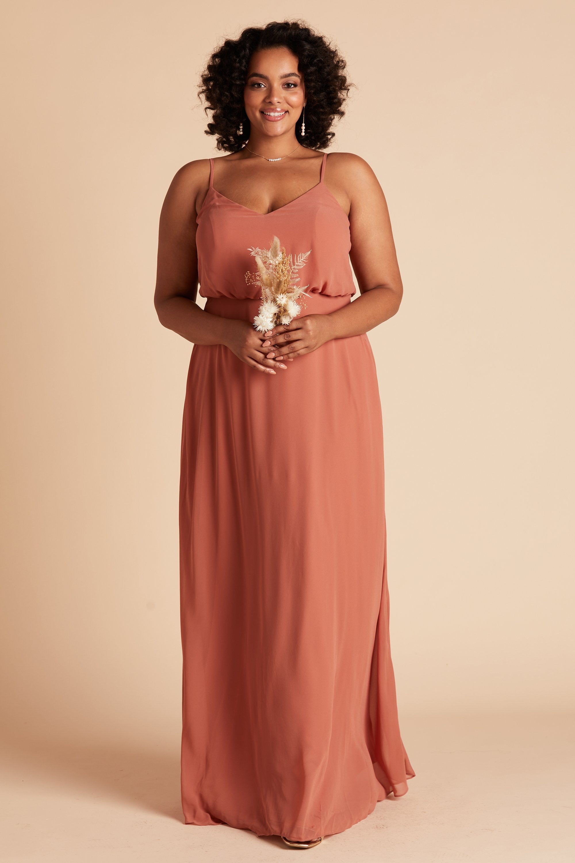 Gwennie plus size bridesmaid dress in terracotta chiffon by Birdy Grey, front view