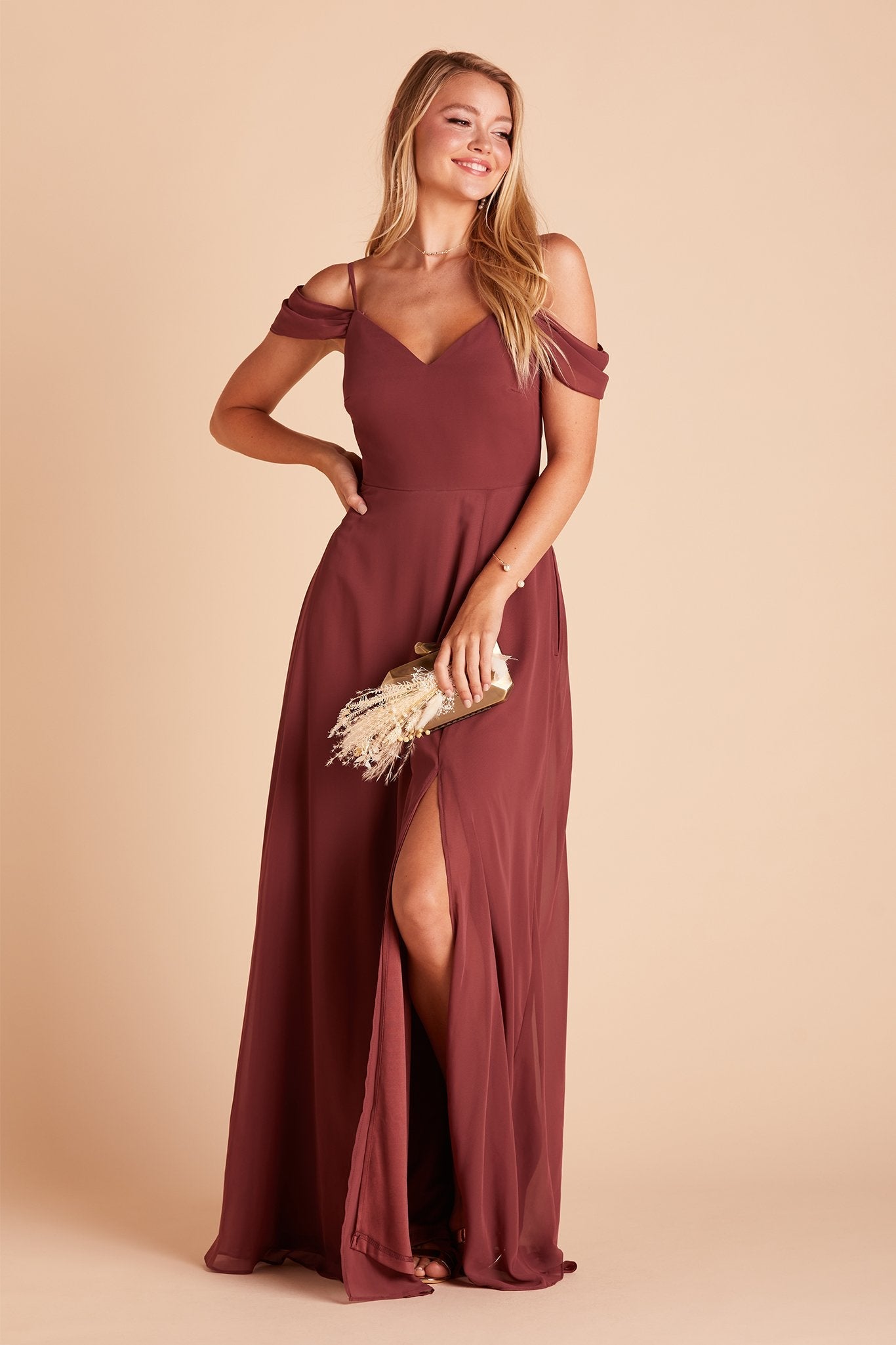 Devin convertible bridesmaids dress with slit in rosewood chiffon by Birdy Grey, front view