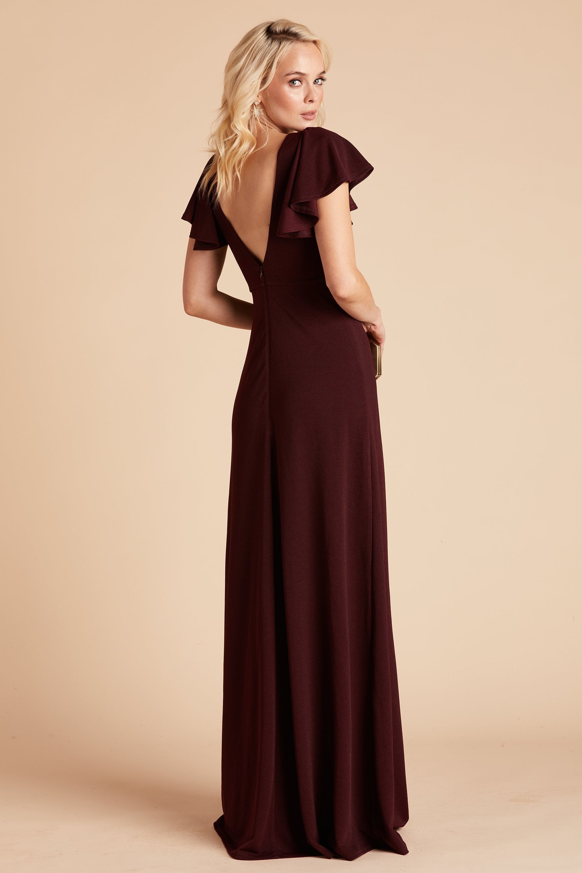 Hannah bridesmaid dress in cabernet burgundy crepe by Birdy Grey, side view