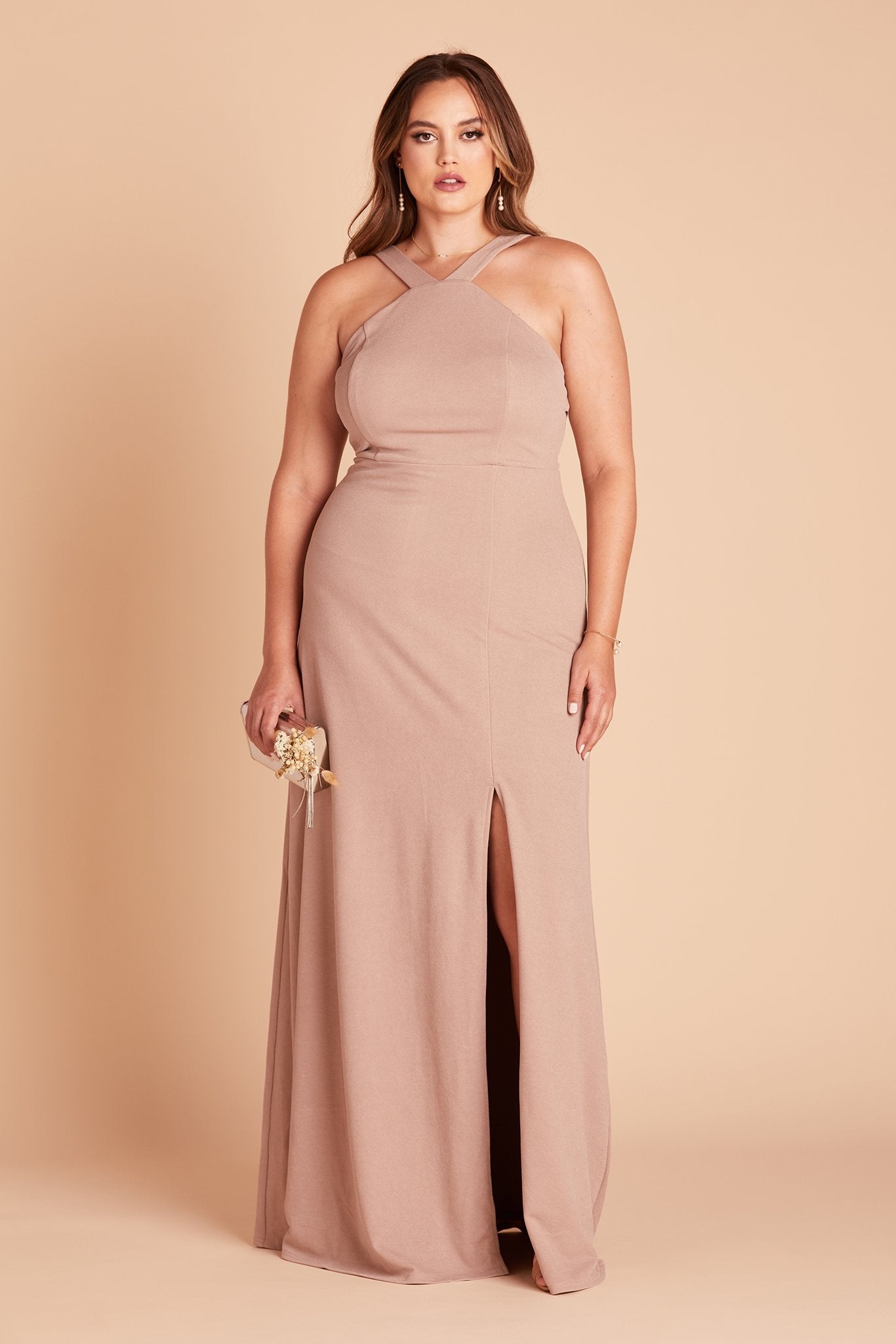 Gene plus size bridesmaid dress with slit in taupe crepe by Birdy Grey, front view