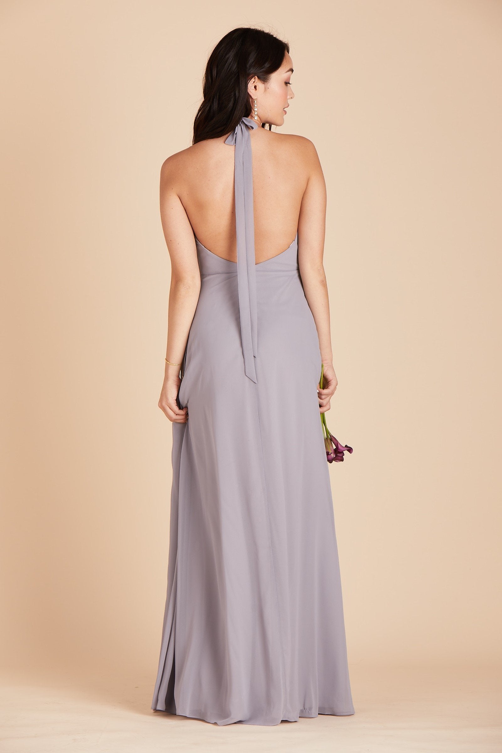 Moni convertible bridesmaids dress in silver chiffon by Birdy Grey, back view