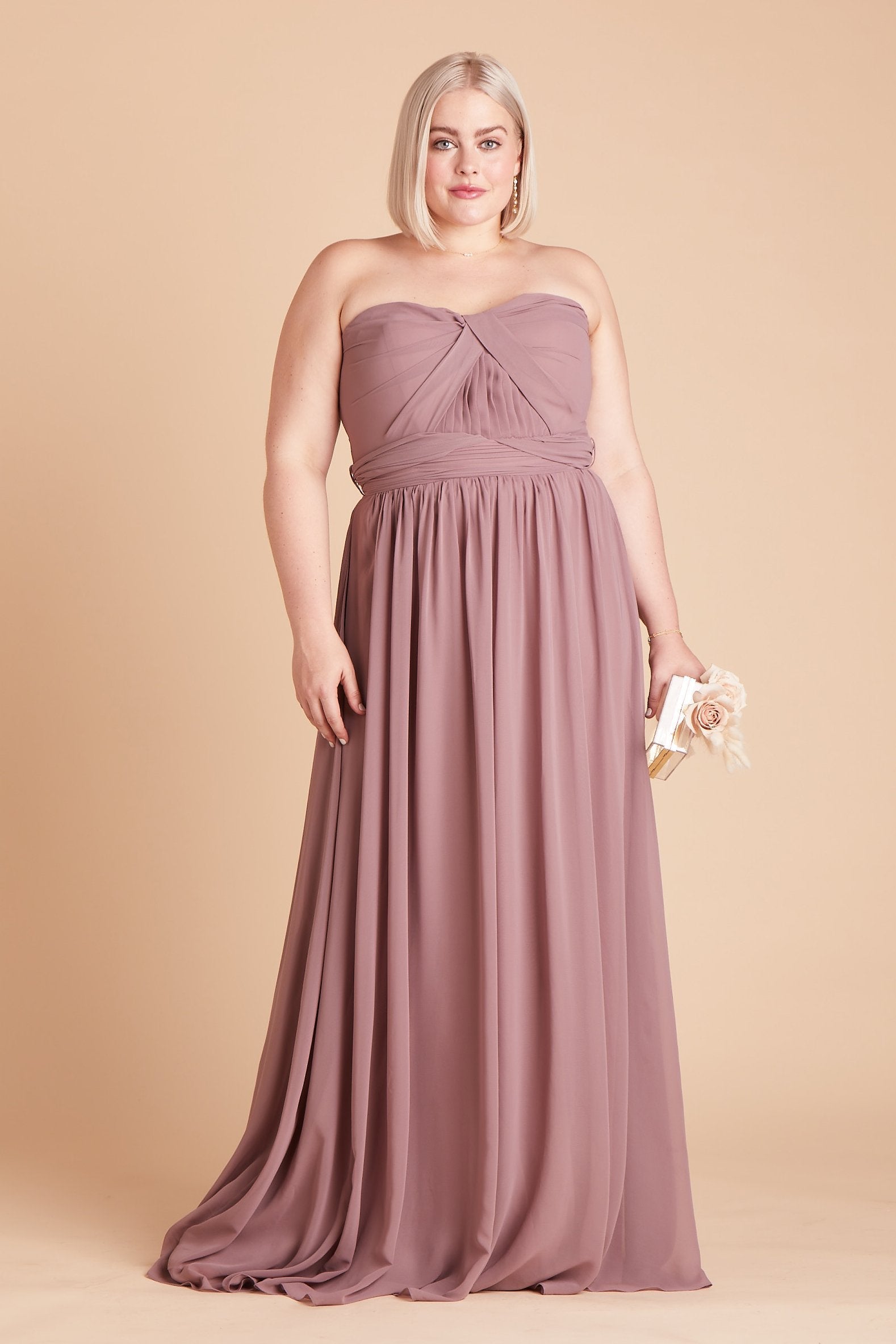 Grace convertible plus size bridesmaid dress in dark mauve chiffon by Birdy Grey, front view