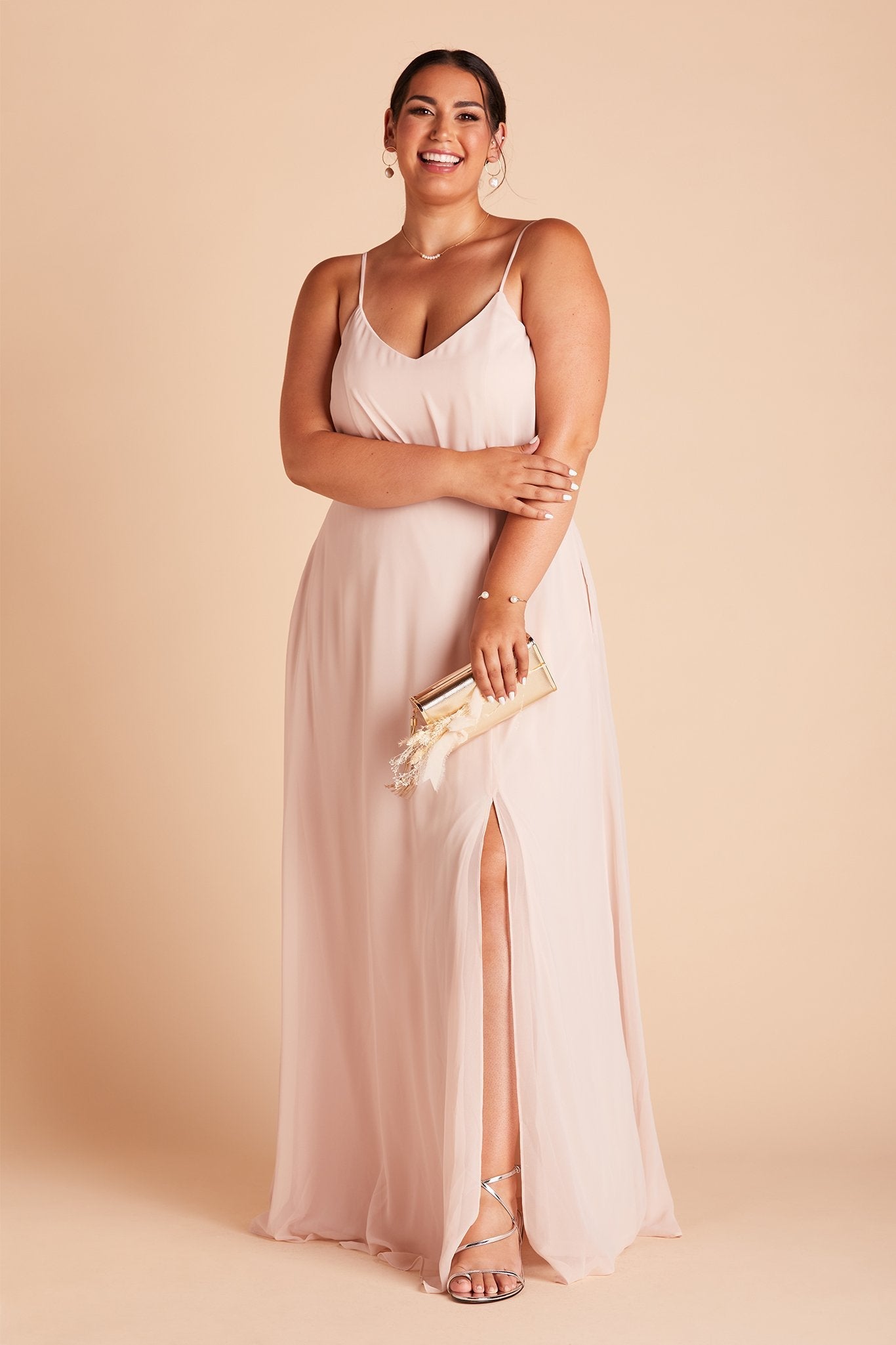 Gwennie plus size bridesmaid dress with slit in pale blush chiffon by Birdy Grey, front view