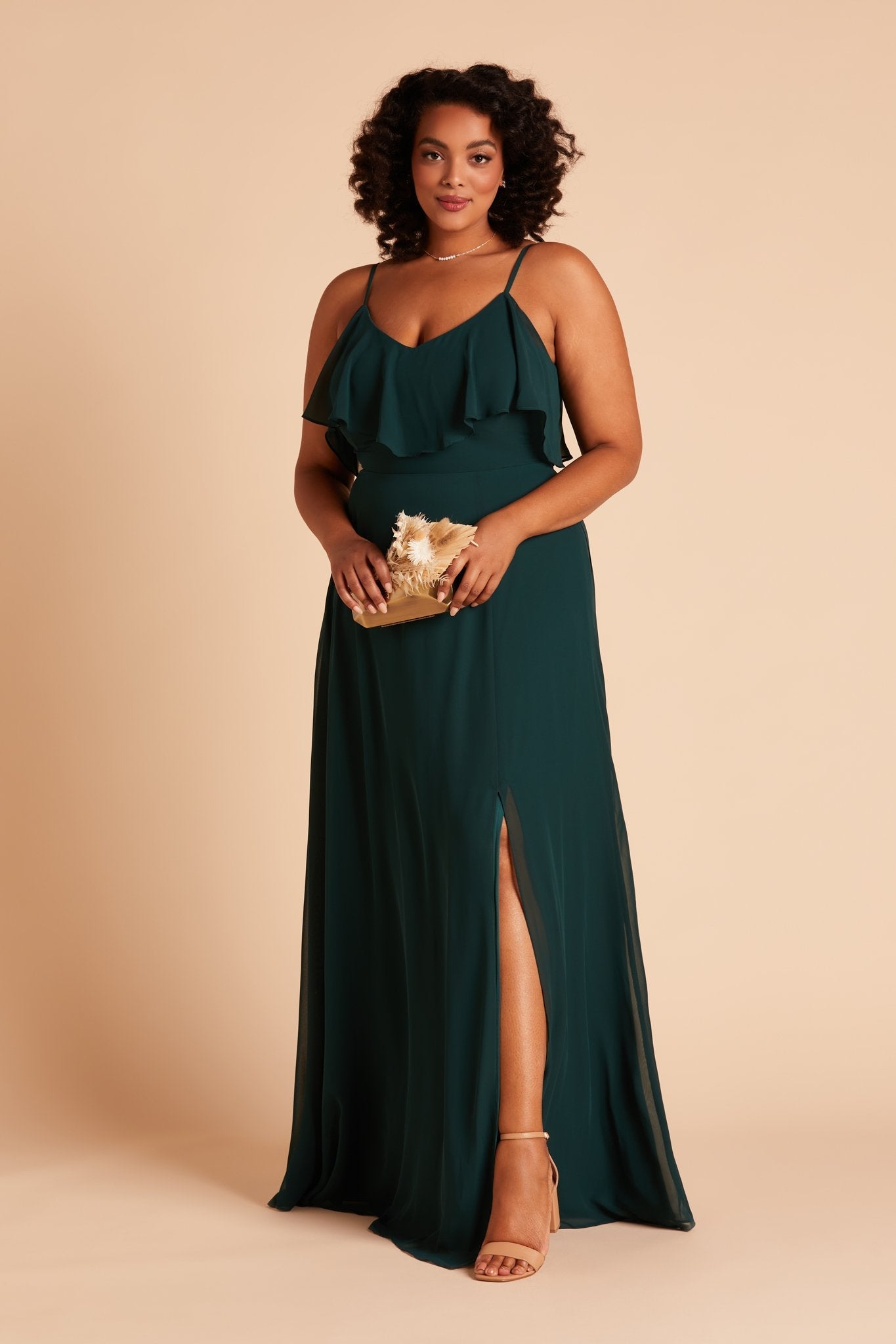 Jane convertible plus size bridesmaid dress with slit in emerald green chiffon by Birdy Grey, front view