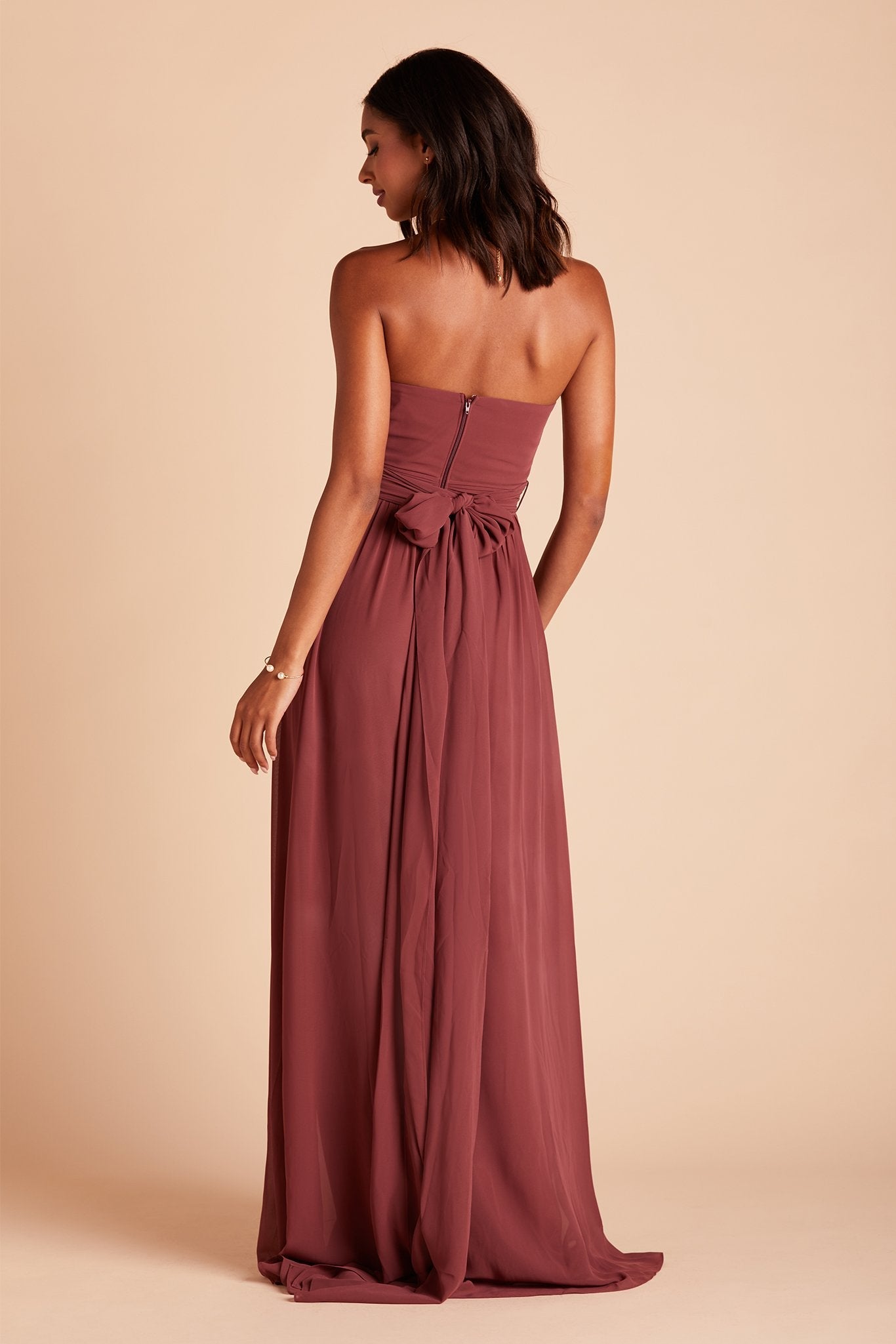 Grace convertible bridesmaid dress with slit in rosewood chiffon by Birdy Grey, back view