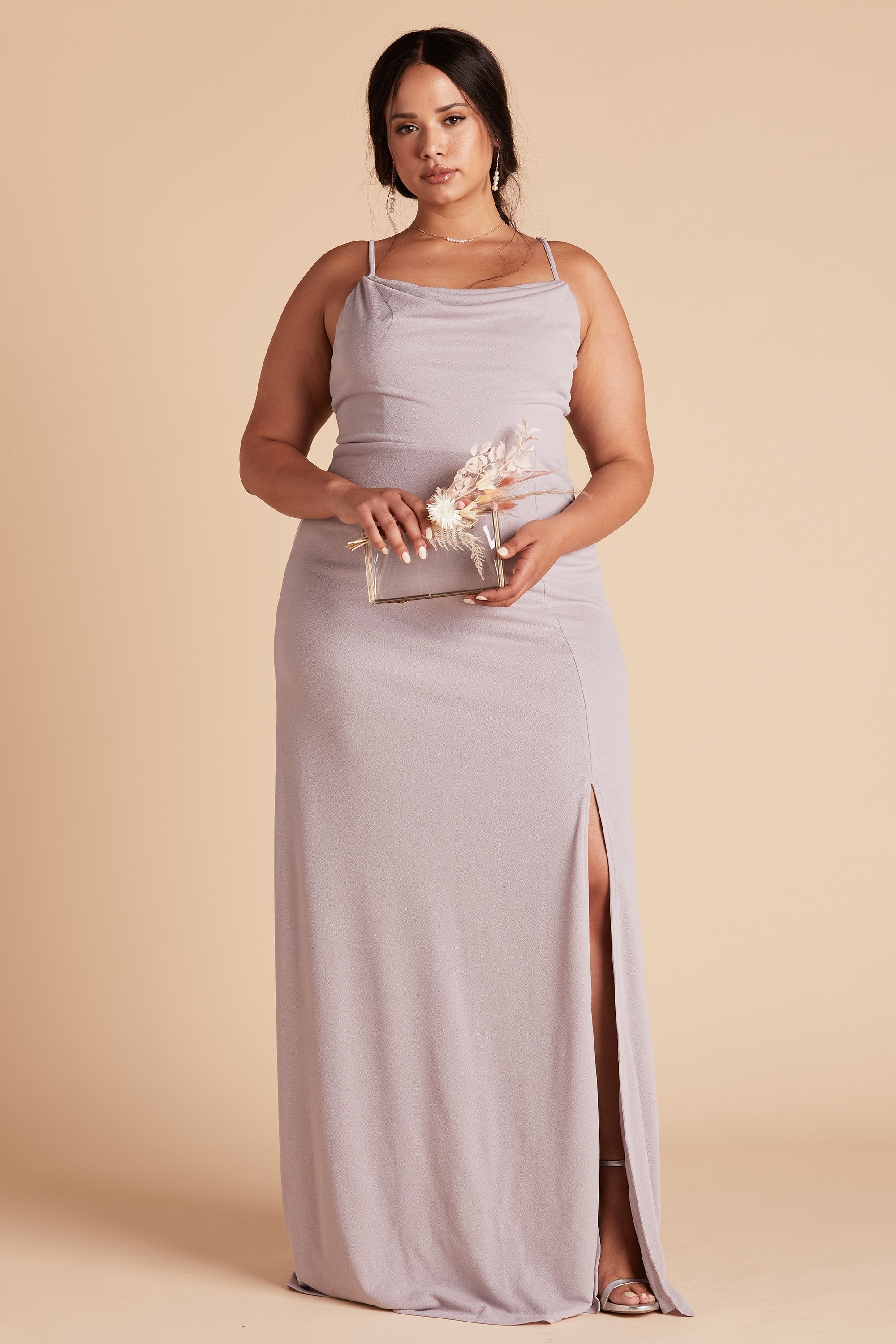 Ash plus size bridesmaid dress with slit in lilac purple crepe by Birdy Grey, front view