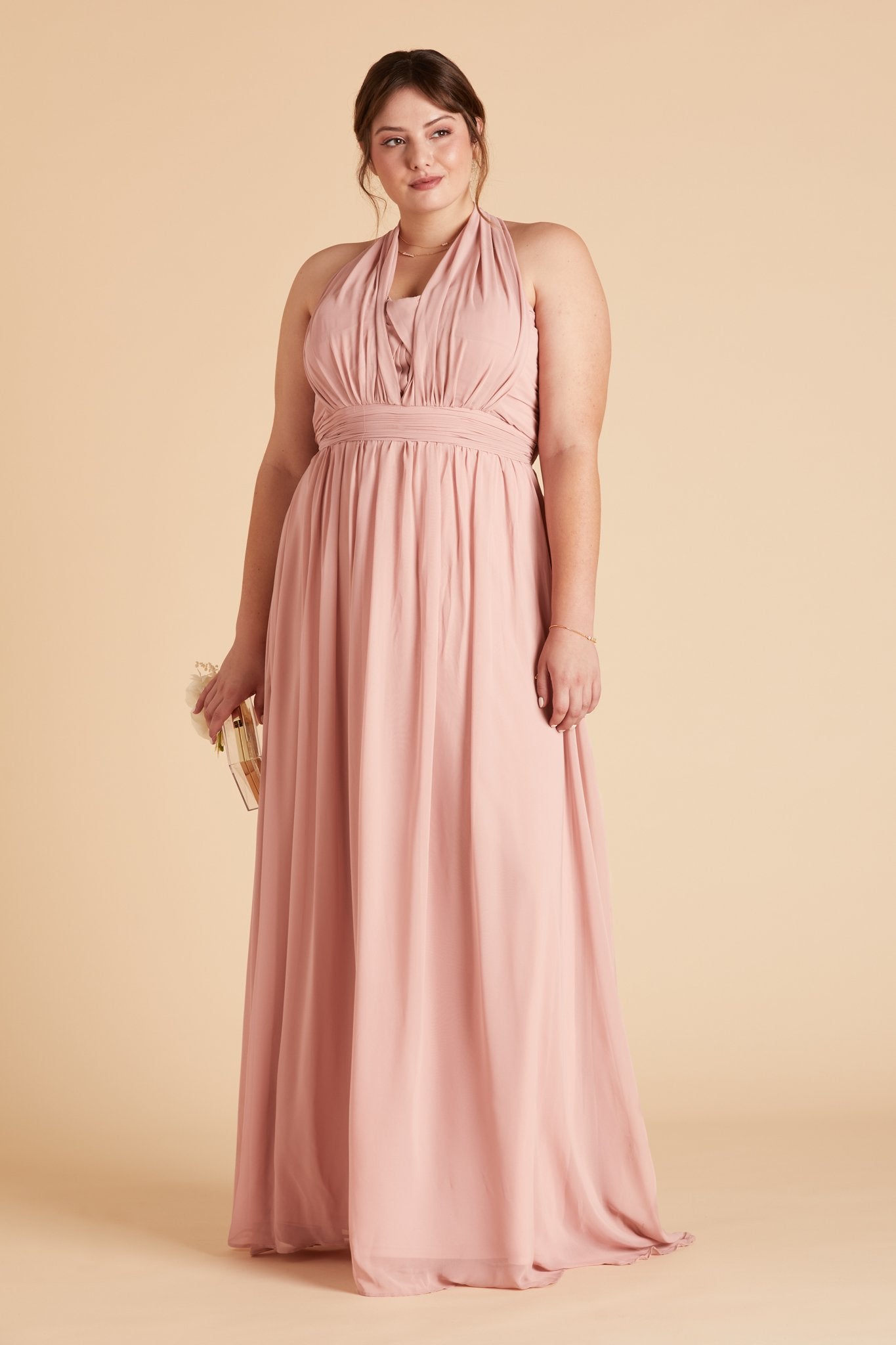 Grace convertible plus size bridesmaid dress in rose quartz pink chiffon by Birdy Grey, front view