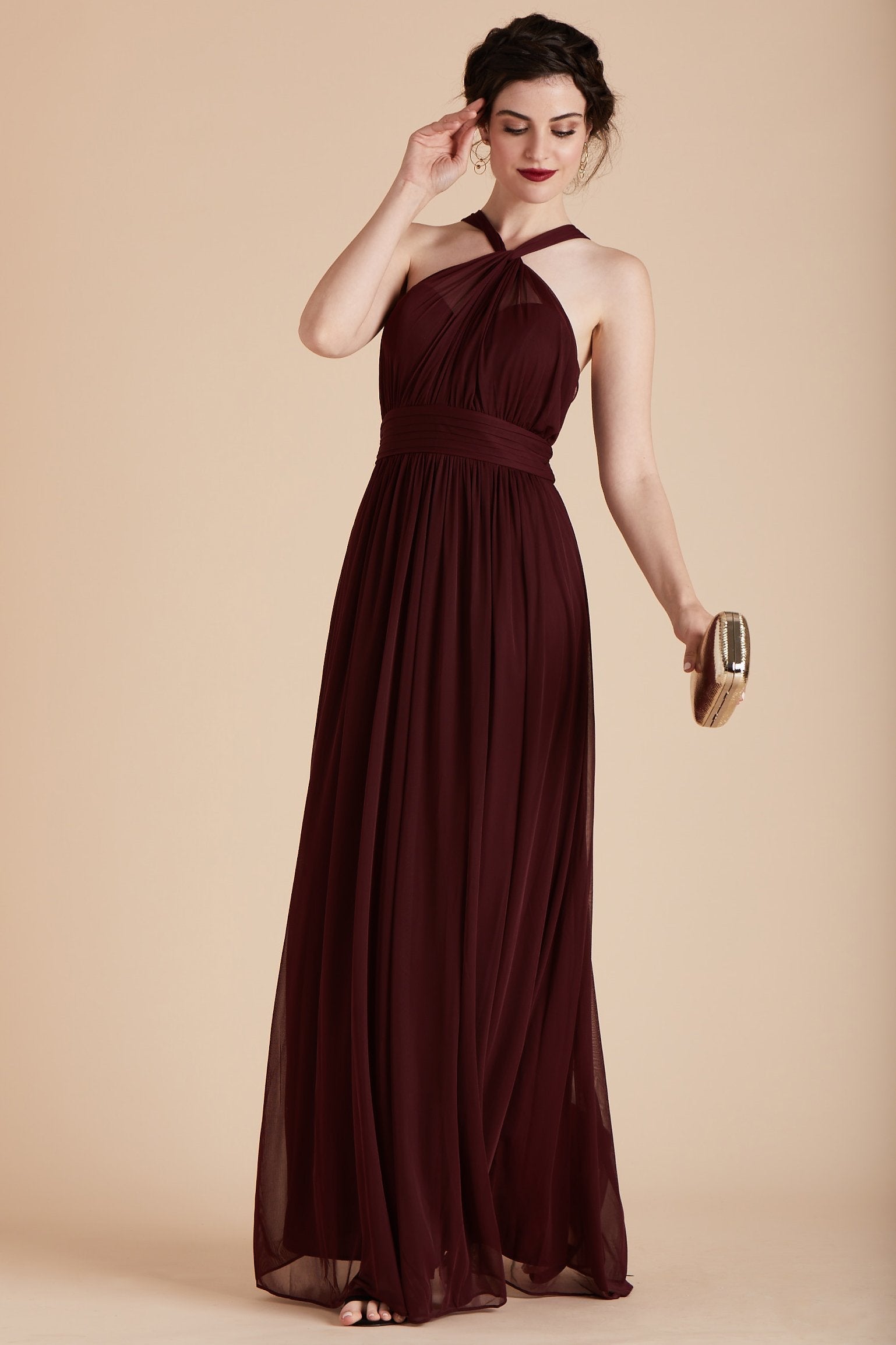 Kiko bridesmaid dress in cabernet burgundy chiffon by Birdy Grey, front view